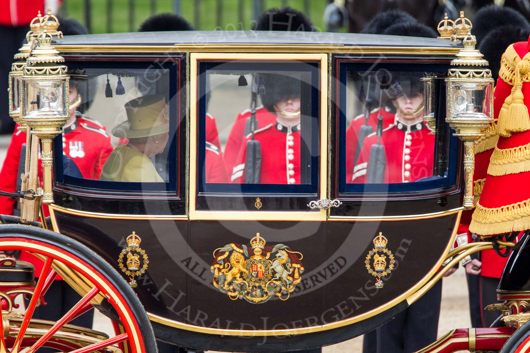 Trooping the Colour 2012: A closer view of HM The Queen in the Glass Coach during the Inspection of the Line..
Horse Guards Parade, Westminster,
London SW1,

United Kingdom,
on 16 June 2012 at 11:03, image #215