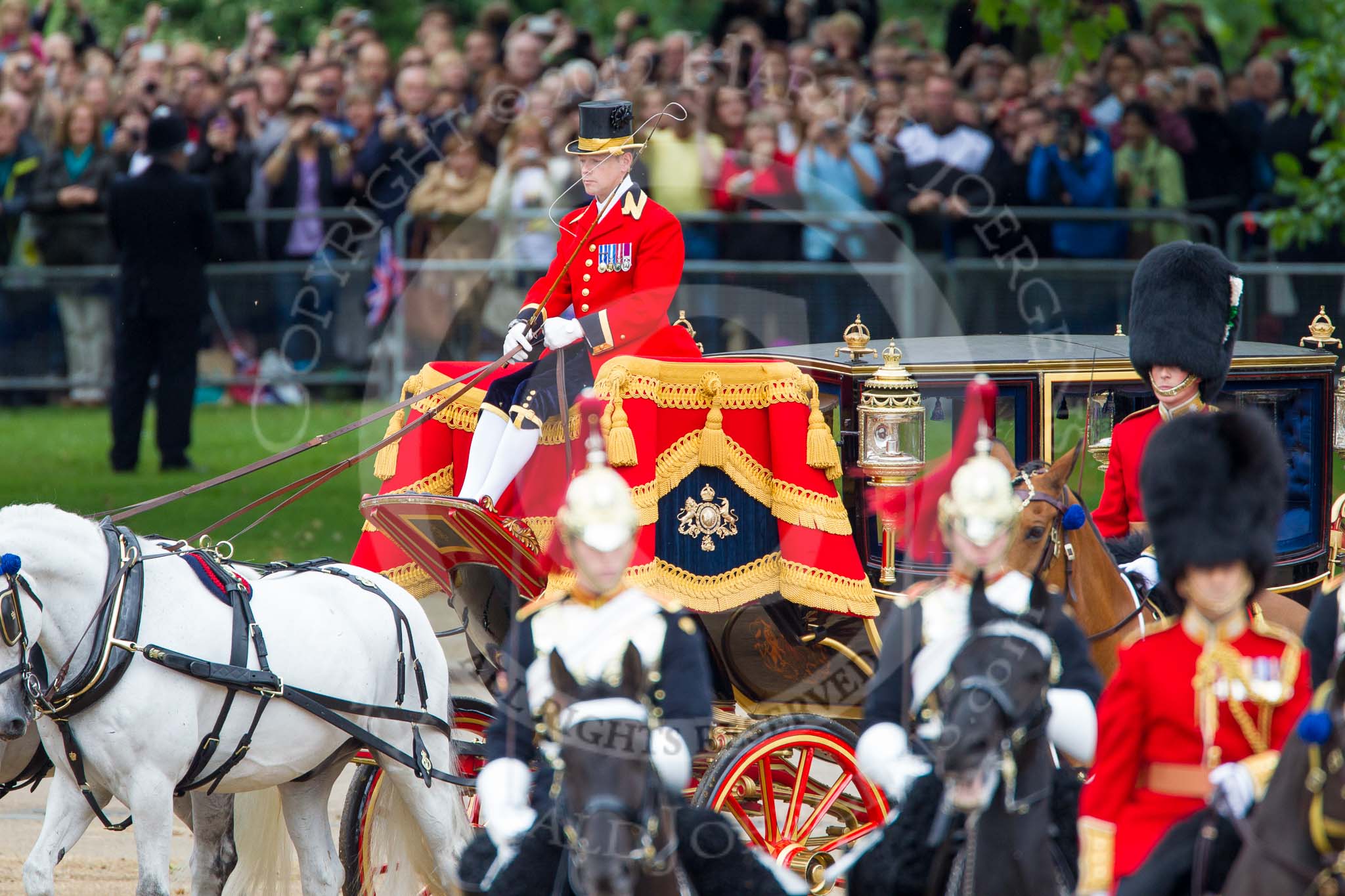 Trooping the Colour 2012: The Inspection of the Line - The Glass Coach turning back onto Horse Guards Parade, passing the Major of the Parade (on the very right)..
Horse Guards Parade, Westminster,
London SW1,

United Kingdom,
on 16 June 2012 at 11:06, image #233