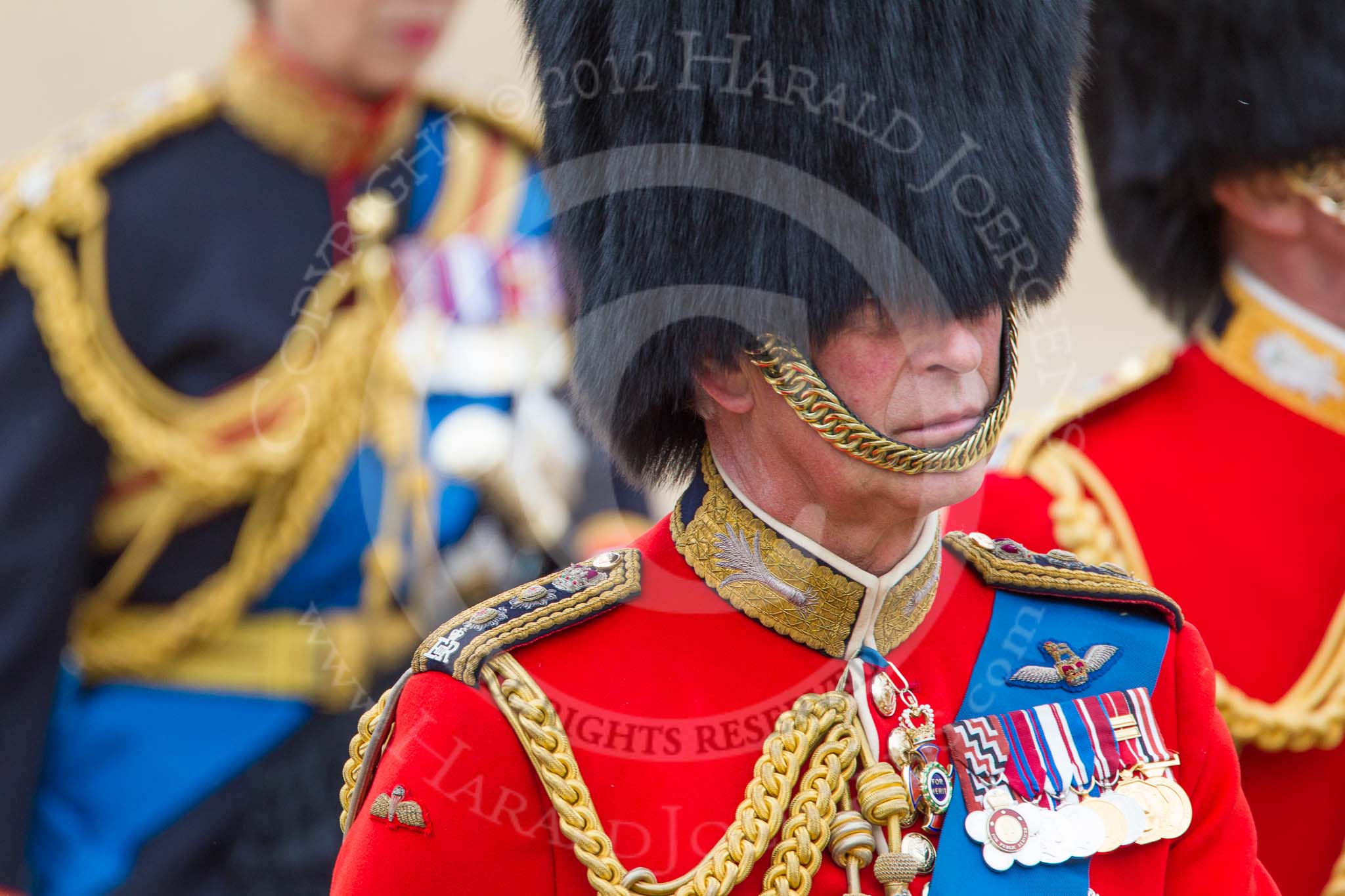 Trooping the Colour 2012: Close-up of HRH The Prince of Wales, Colonel Welsh Guards, during the Inpection of the Line..
Horse Guards Parade, Westminster,
London SW1,

United Kingdom,
on 16 June 2012 at 11:07, image #246