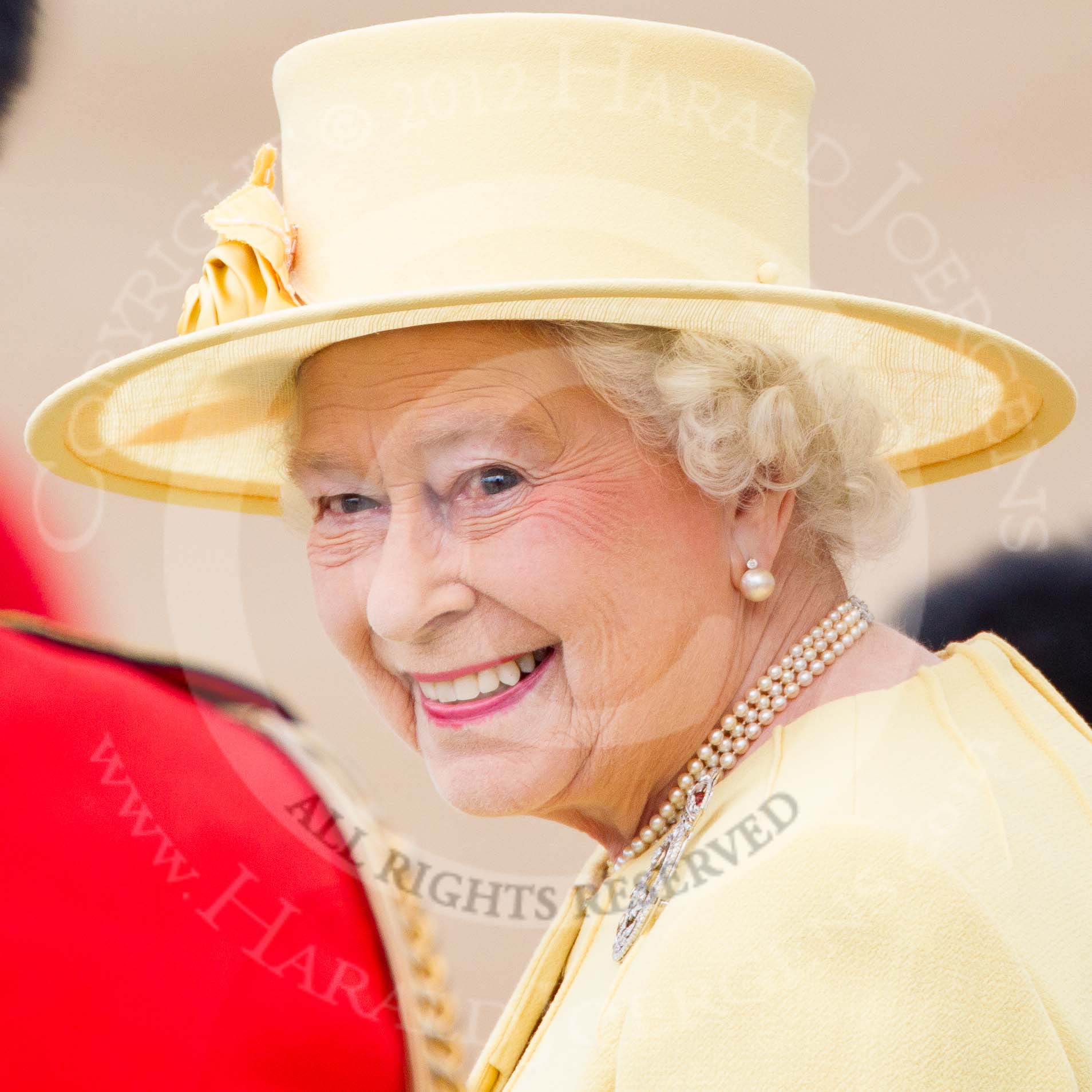 Trooping the Colour 2012: A close-up view of HM The Queen, after the Inspection of the Line back on the saluting basem with HRH The Prince Philip. The photographers favourite shot of the day..
Horse Guards Parade, Westminster,
London SW1,

United Kingdom,
on 16 June 2012 at 11:08, image #254