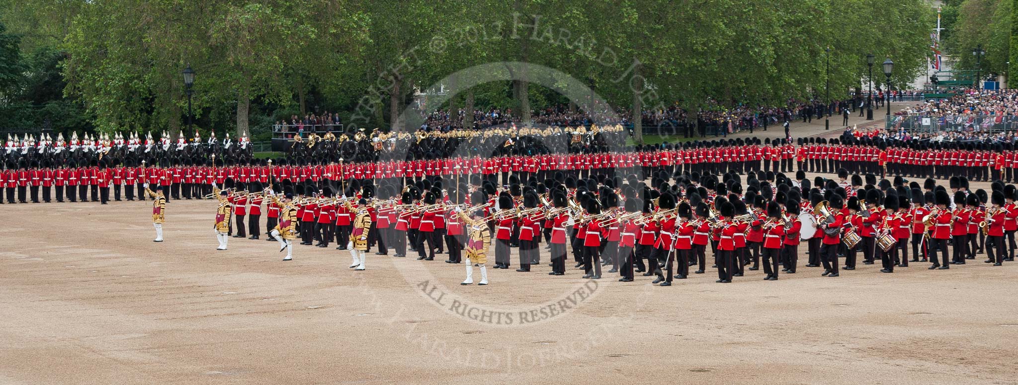 Trooping the Colour 2012: The Massed Bands playing during the Massed Bands Troop..
Horse Guards Parade, Westminster,
London SW1,

United Kingdom,
on 16 June 2012 at 11:12, image #271
