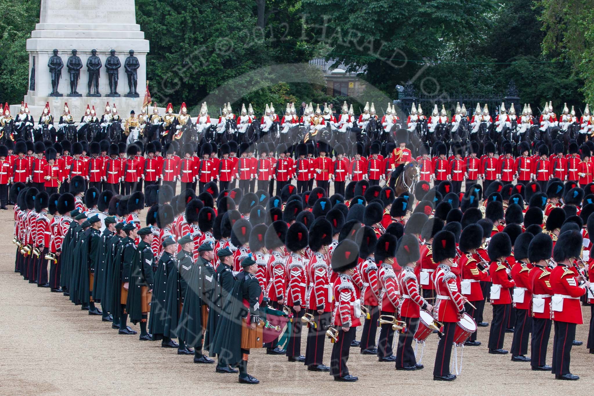 Trooping the Colour 2012: The Massed Bands Troop - drummers and pipers of the Band of the Irish Guards on the read of the bands..
Horse Guards Parade, Westminster,
London SW1,

United Kingdom,
on 16 June 2012 at 11:15, image #286