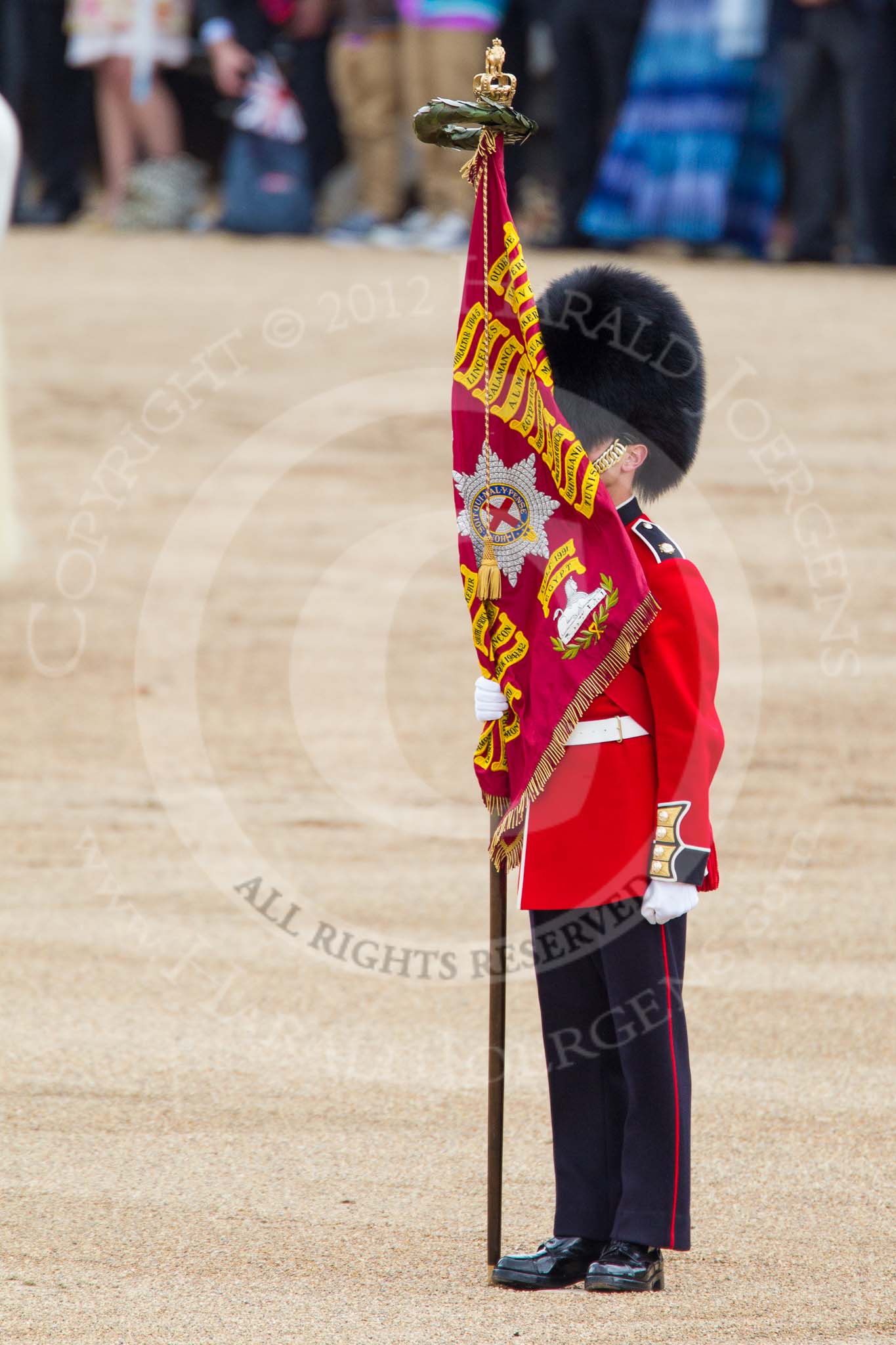 Trooping the Colour 2012: The Colour Sergeant, Paul Baines MC, with the Colour, the regimental flag of the Coldstream Guards..
Horse Guards Parade, Westminster,
London SW1,

United Kingdom,
on 16 June 2012 at 11:17, image #292