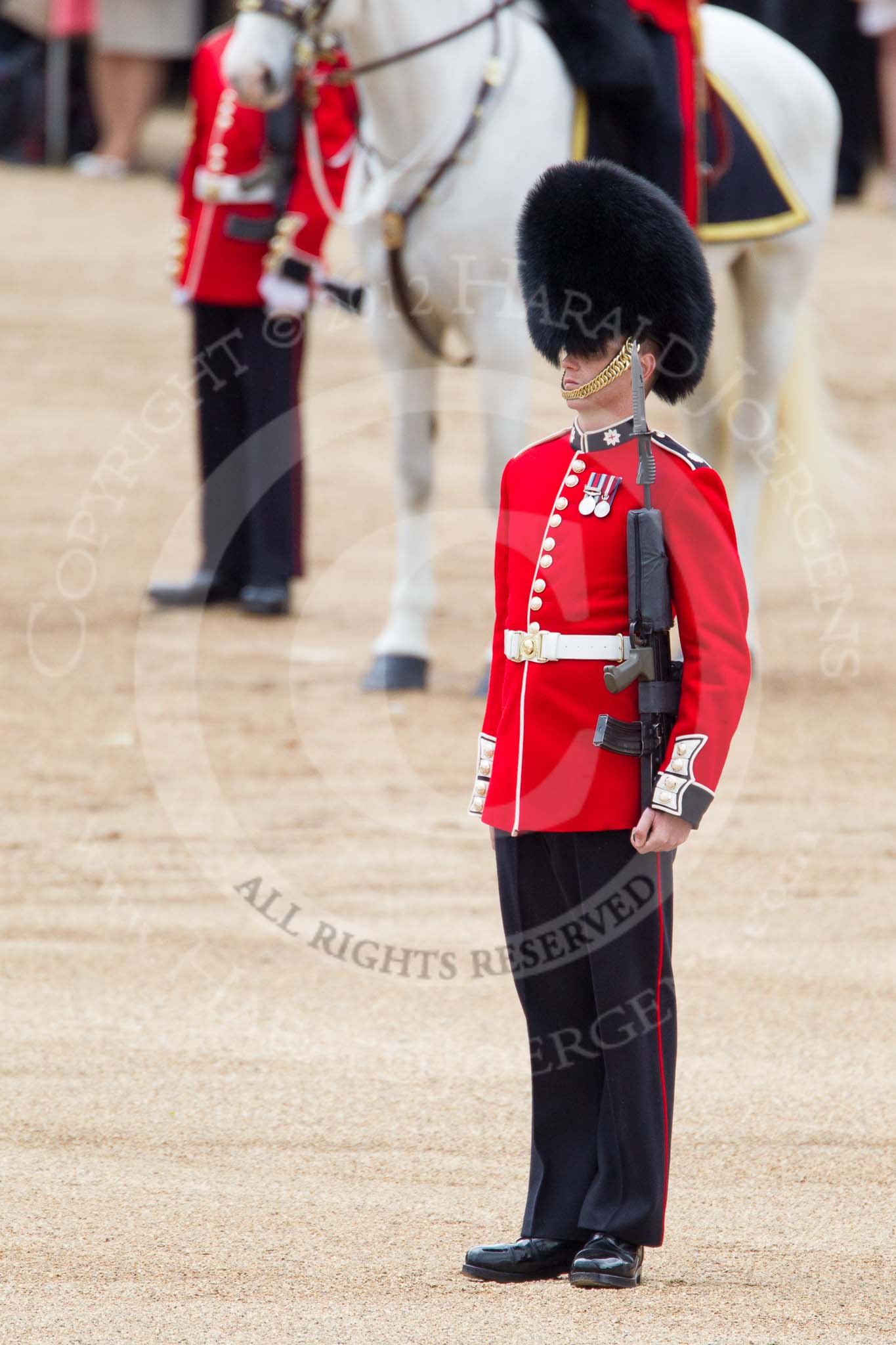 Trooping the Colour 2012: The Sentry, Guardsman Dunbar, on the Northern side of the Colour Sergeant Paul Baines..
Horse Guards Parade, Westminster,
London SW1,

United Kingdom,
on 16 June 2012 at 11:19, image #299