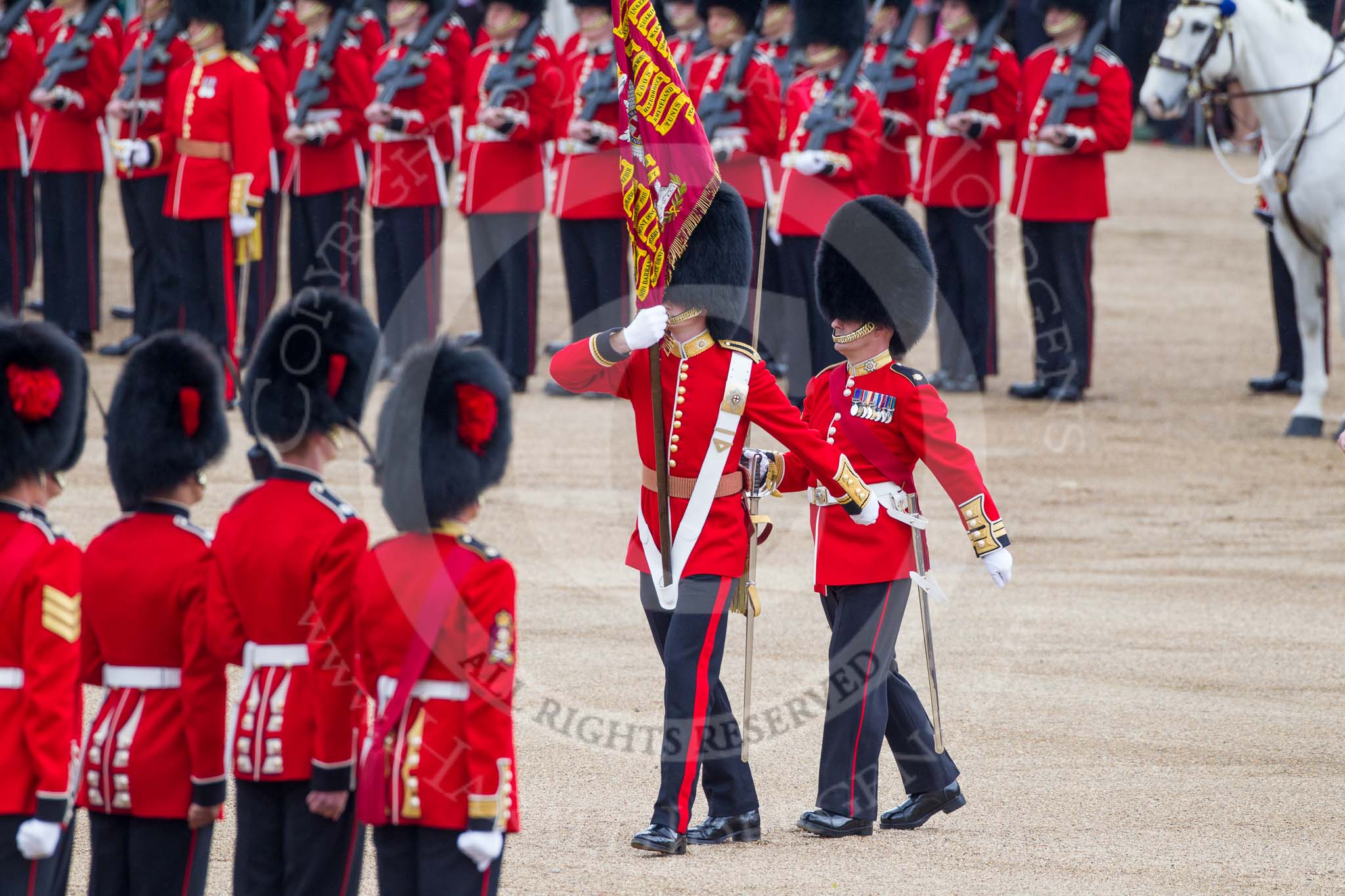 Trooping the Colour 2012: The Esnign starting to march with the Colour, behind him the Regimental Sergeant Major..
Horse Guards Parade, Westminster,
London SW1,

United Kingdom,
on 16 June 2012 at 11:22, image #317