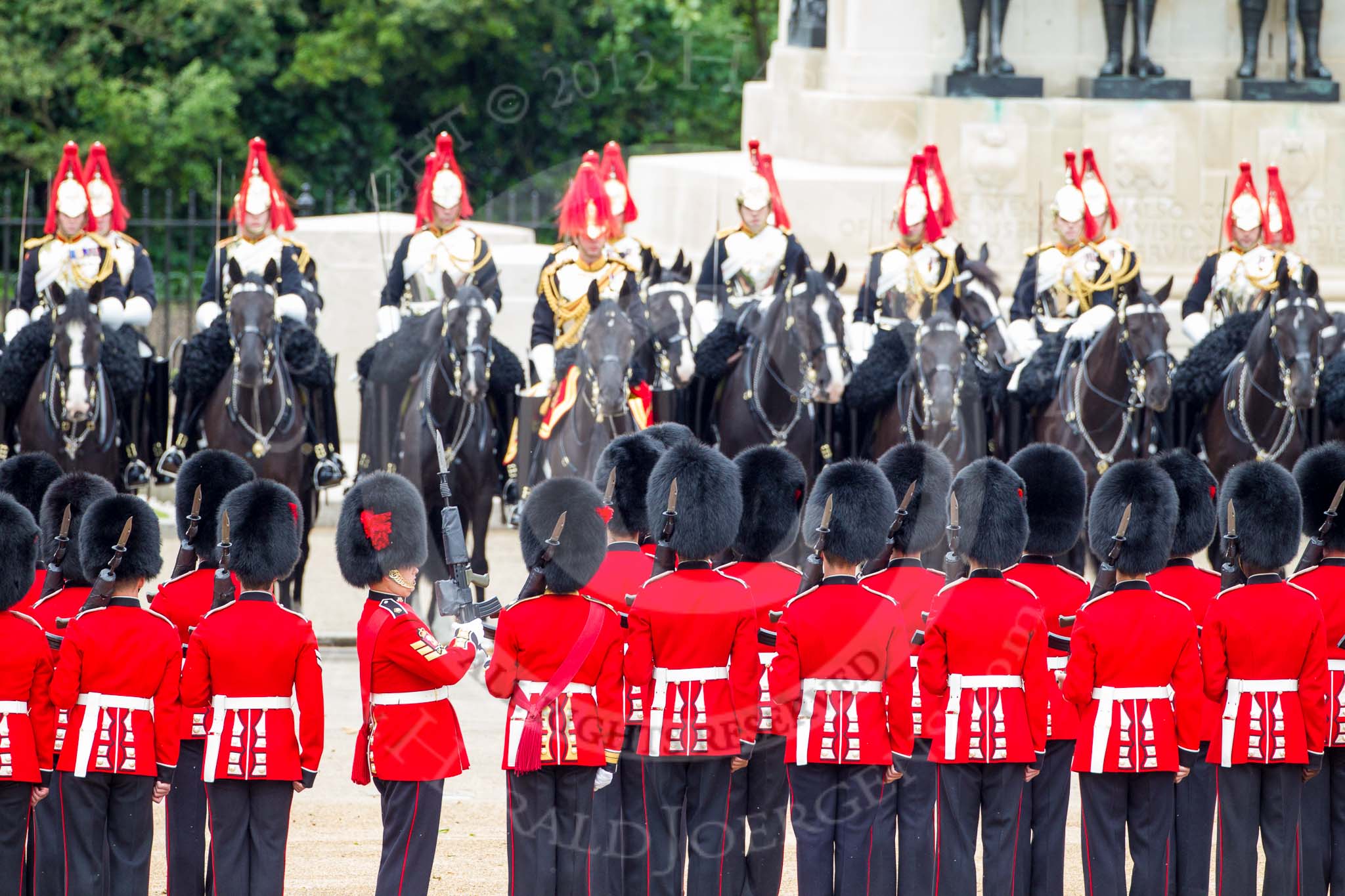 Trooping the Colour 2012: The guardsmen turning around in the process of forming divisions for the next phase of the parade..
Horse Guards Parade, Westminster,
London SW1,

United Kingdom,
on 16 June 2012 at 11:30, image #364