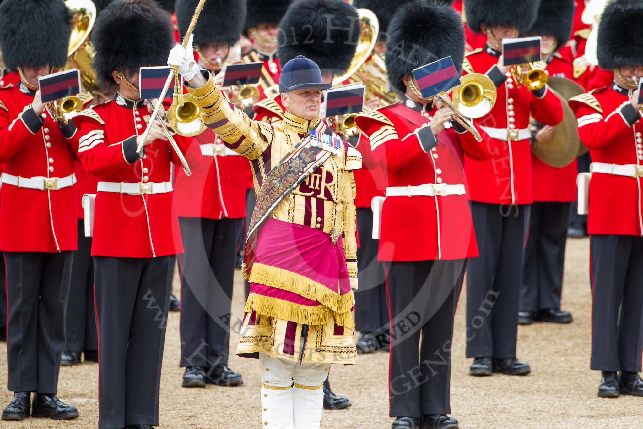 Trooping the Colour 2012: Drum Major Tony Taylor, London Central Garrison, and the Band of the Scots Guards, during the March Past..
Horse Guards Parade, Westminster,
London SW1,

United Kingdom,
on 16 June 2012 at 11:39, image #450