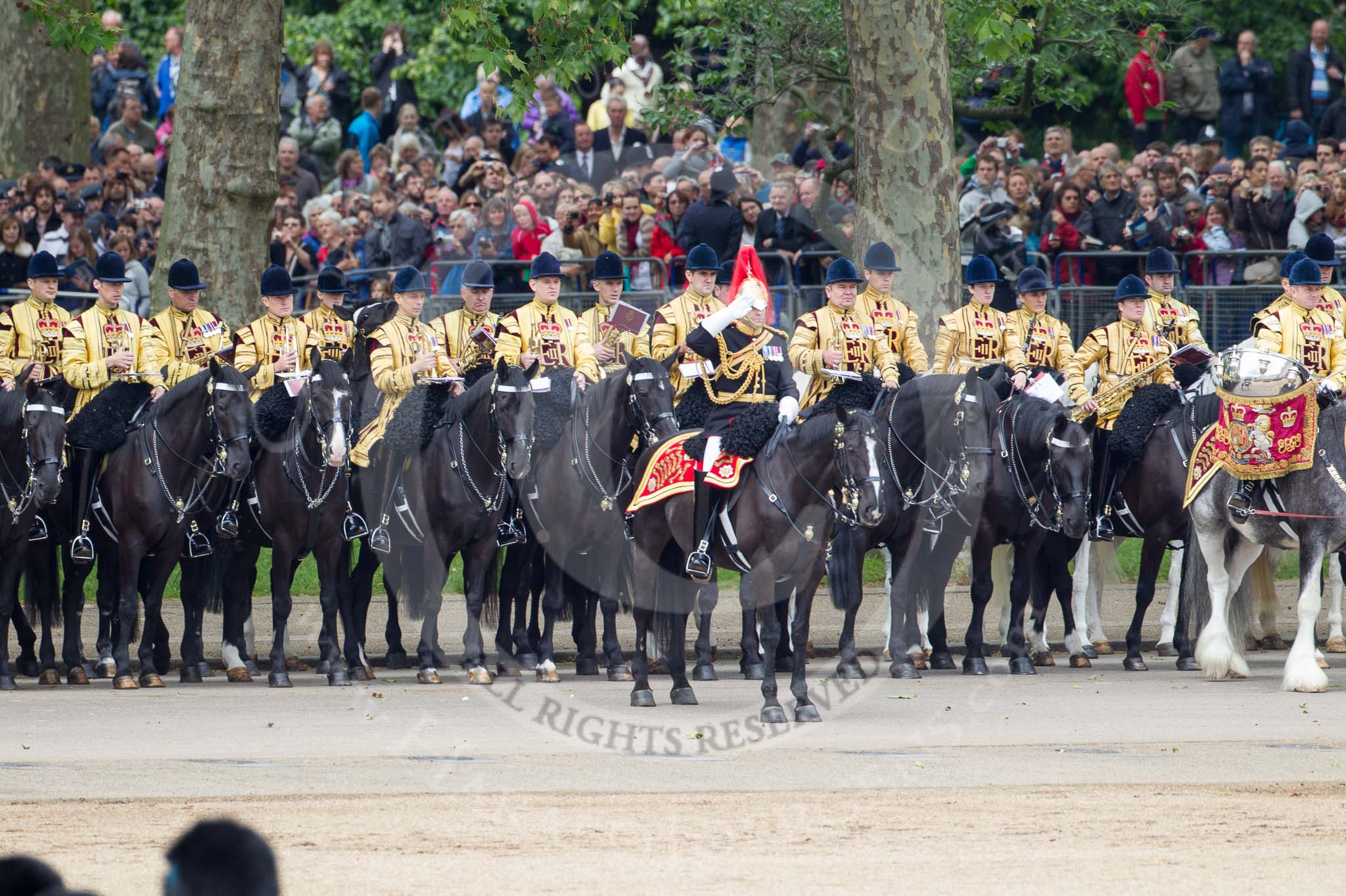 Trooping the Colour 2012: The Mounted Bands of the Household Cavalry during the March Past. In the centre, saluting the Colour, Captain J Griffiths, The Blues and Royals..
Horse Guards Parade, Westminster,
London SW1,

United Kingdom,
on 16 June 2012 at 11:41, image #461