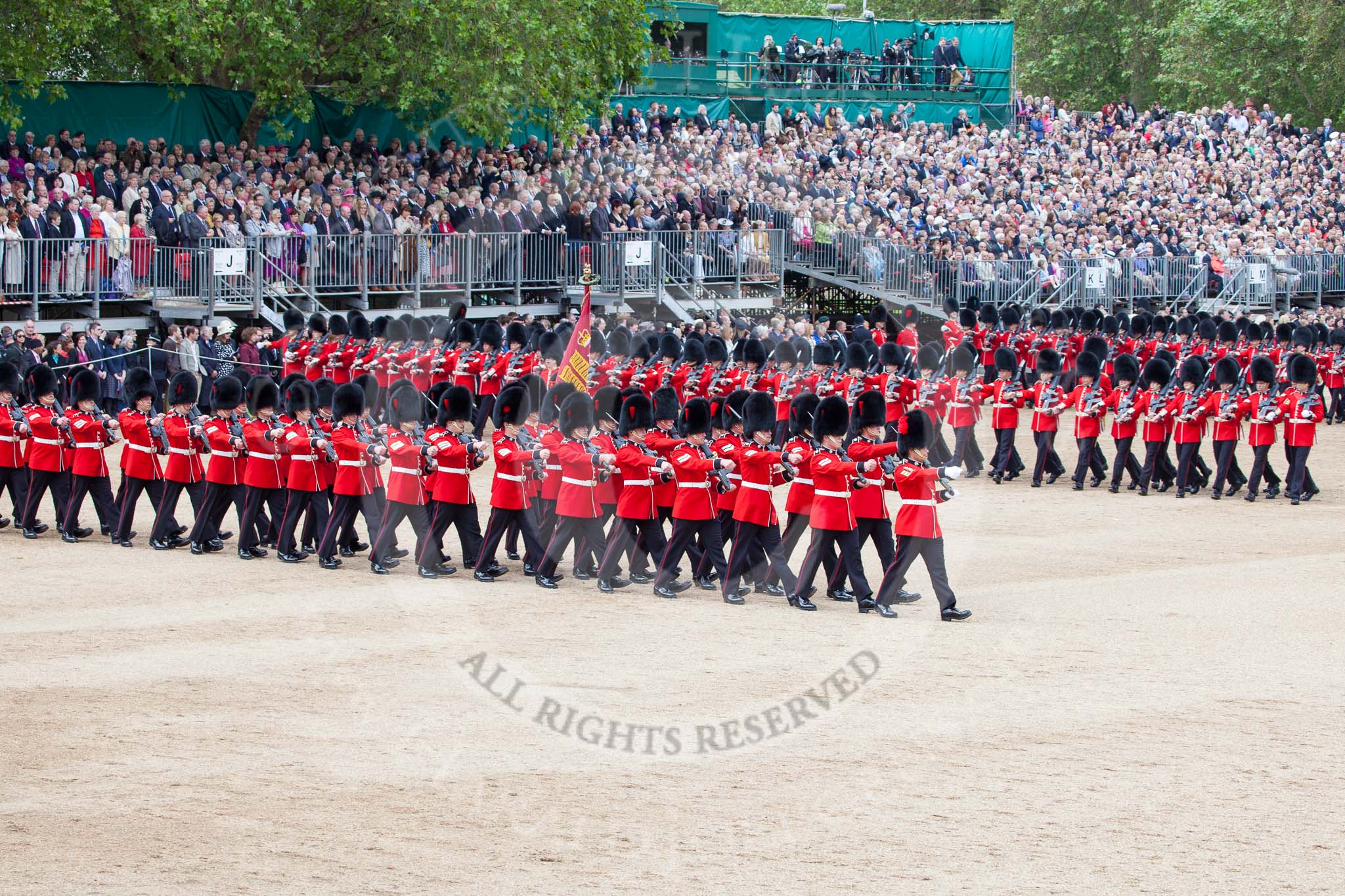 Trooping the Colour 2012: The March Past: No. 1 Guard (Escort to the Colour), 1st Battalion Coldstream Guards, marching along the western side of Horse Guards Parade for the second time, turning to the left again..
Horse Guards Parade, Westminster,
London SW1,

United Kingdom,
on 16 June 2012 at 11:44, image #476