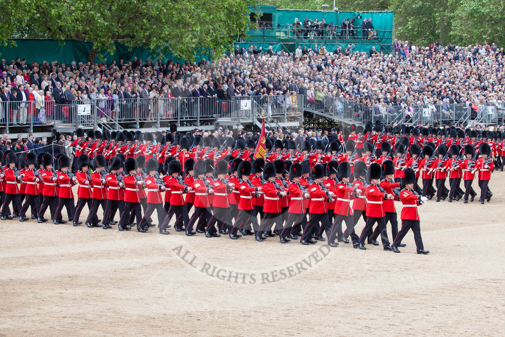 Trooping the Colour 2012: The March Past: No. 1 Guard (Escort to the Colour), 1st Battalion Coldstream Guards, marching along the western side of Horse Guards Parade for the second time, turning to the left again..
Horse Guards Parade, Westminster,
London SW1,

United Kingdom,
on 16 June 2012 at 11:44, image #477