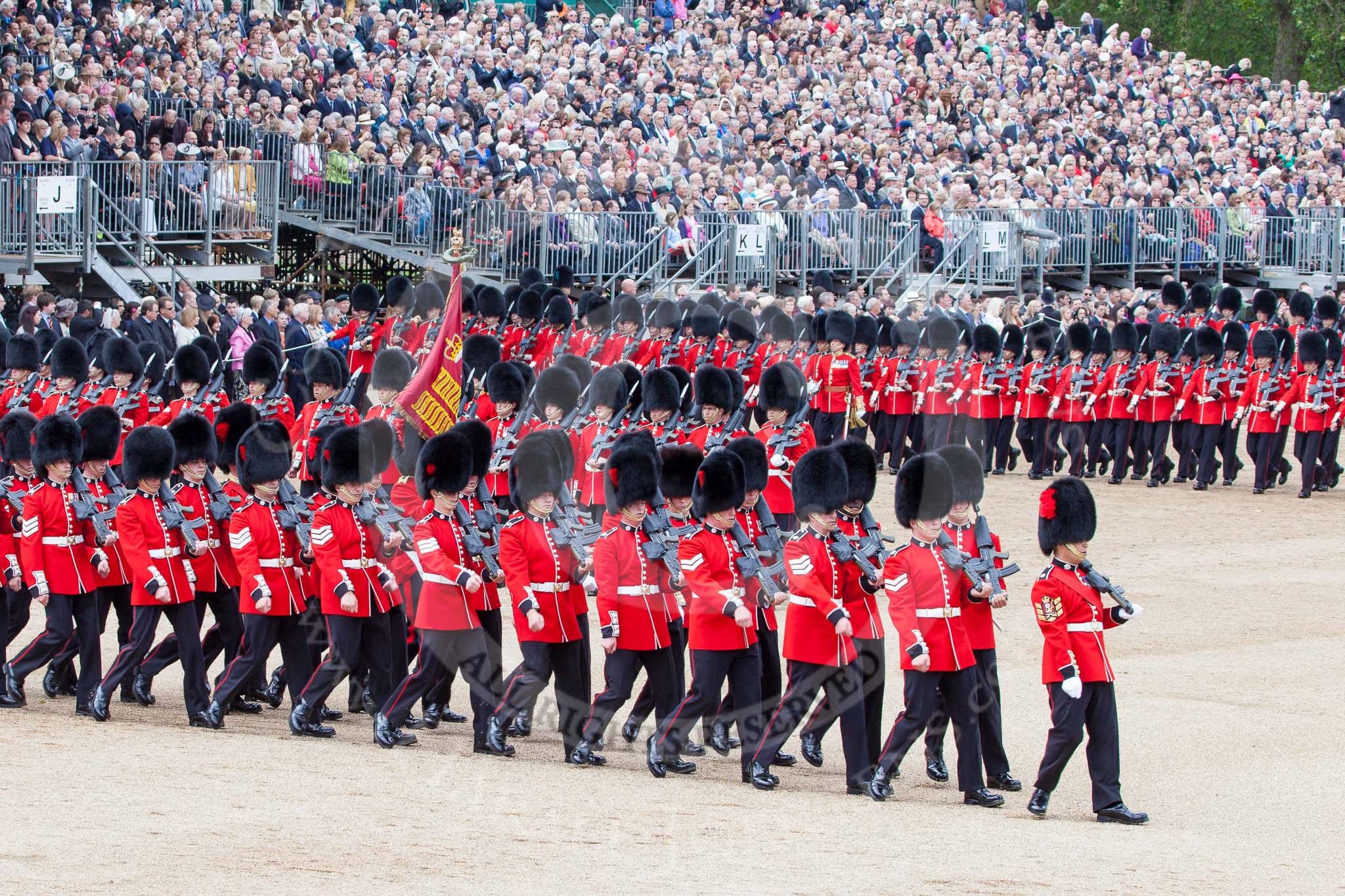 Trooping the Colour 2012: The March Past: No. 1 Guard (Escort to the Colour), 1st Battalion Coldstream Guards, marching along the western side of Horse Guards Parade for the second time, turning to the left again..
Horse Guards Parade, Westminster,
London SW1,

United Kingdom,
on 16 June 2012 at 11:44, image #478
