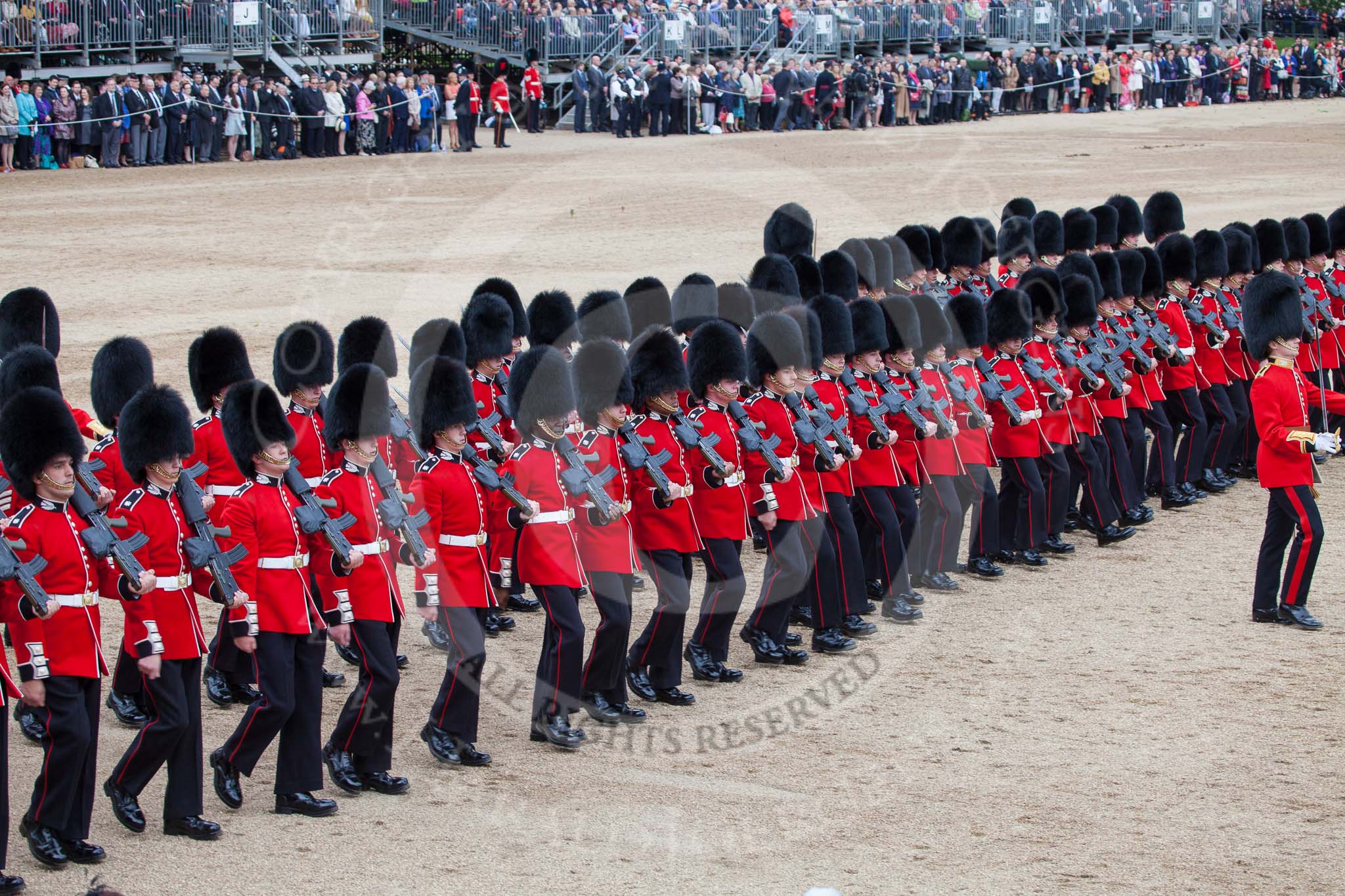 Trooping the Colour 2012: The March Past in Quick Time, here No. No. 6 Guard, F Company Scots Guards..
Horse Guards Parade, Westminster,
London SW1,

United Kingdom,
on 16 June 2012 at 11:46, image #497