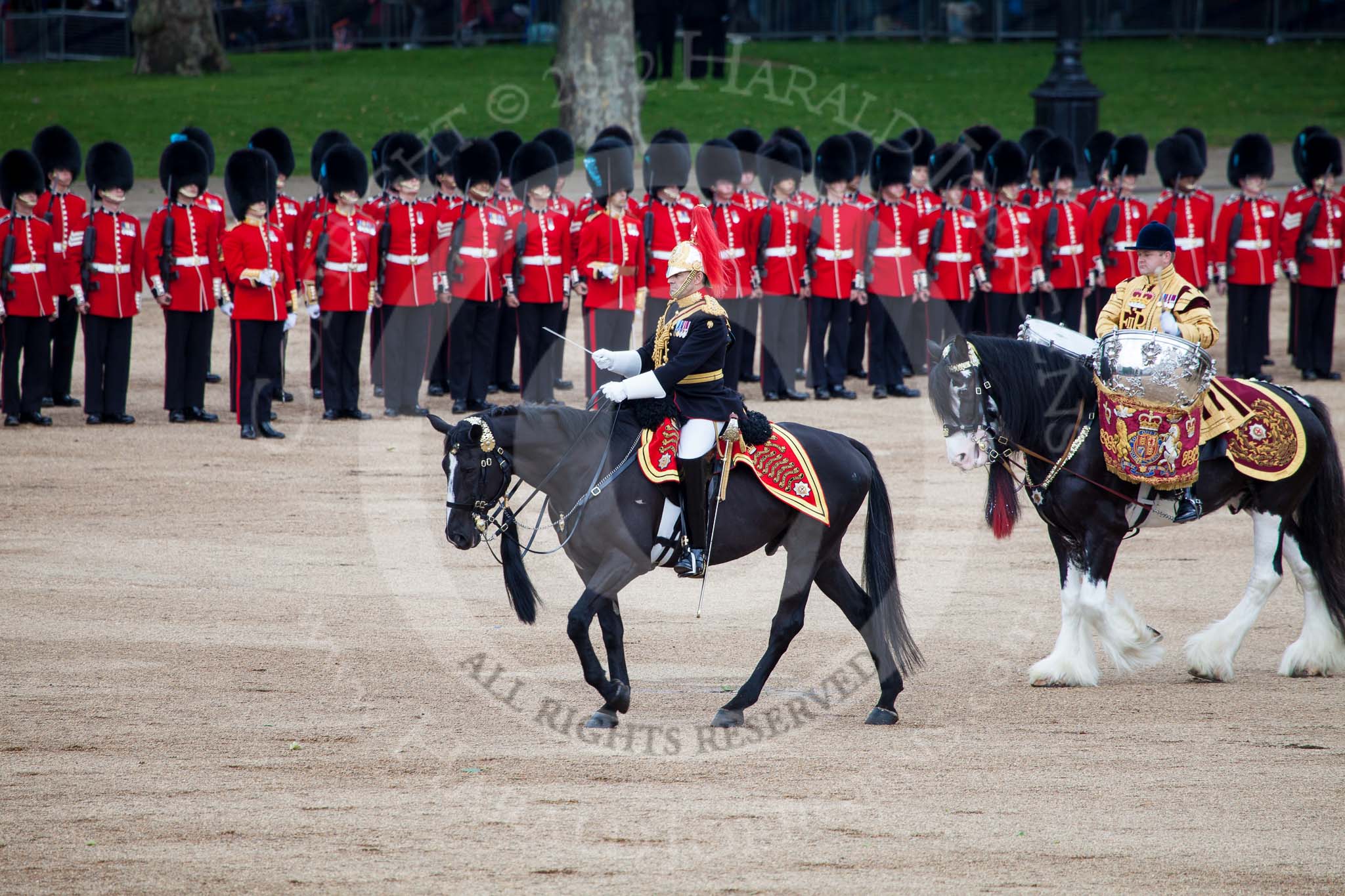 Trooping the Colour 2012: The Ride Past - leading the Mounted Regiment of the Household Cavalry, the Director of Music,  Captain J Griffiths, The Blues and Royals, and the kettle drummer from The Life Guards..
Horse Guards Parade, Westminster,
London SW1,

United Kingdom,
on 16 June 2012 at 11:53, image #531