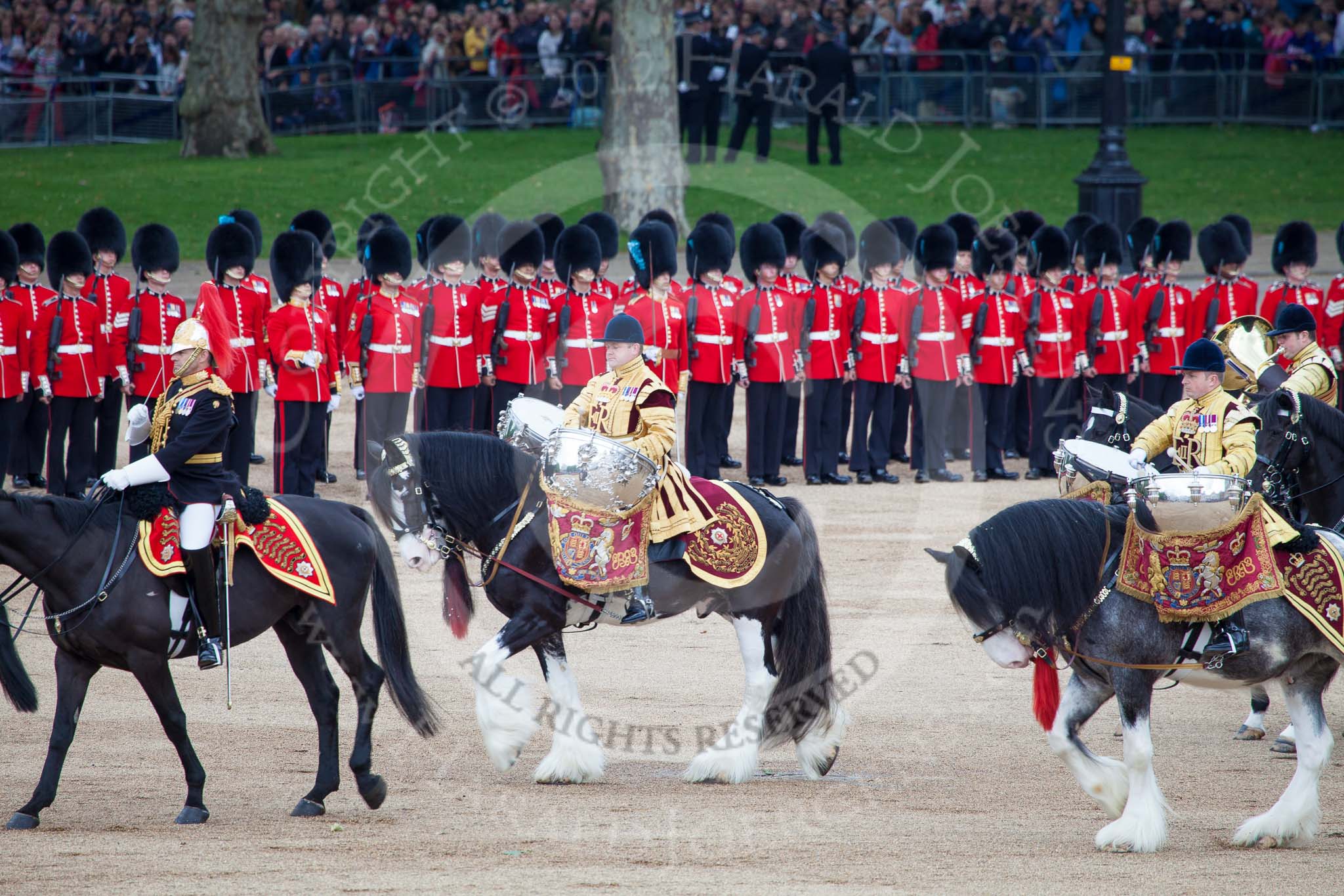 Trooping the Colour 2012: The Director of Music, Captain J Griffiths, The Blues and Royals, followed by the kettle drummers from The Life Guards and The Blues and Royals..
Horse Guards Parade, Westminster,
London SW1,

United Kingdom,
on 16 June 2012 at 11:53, image #532
