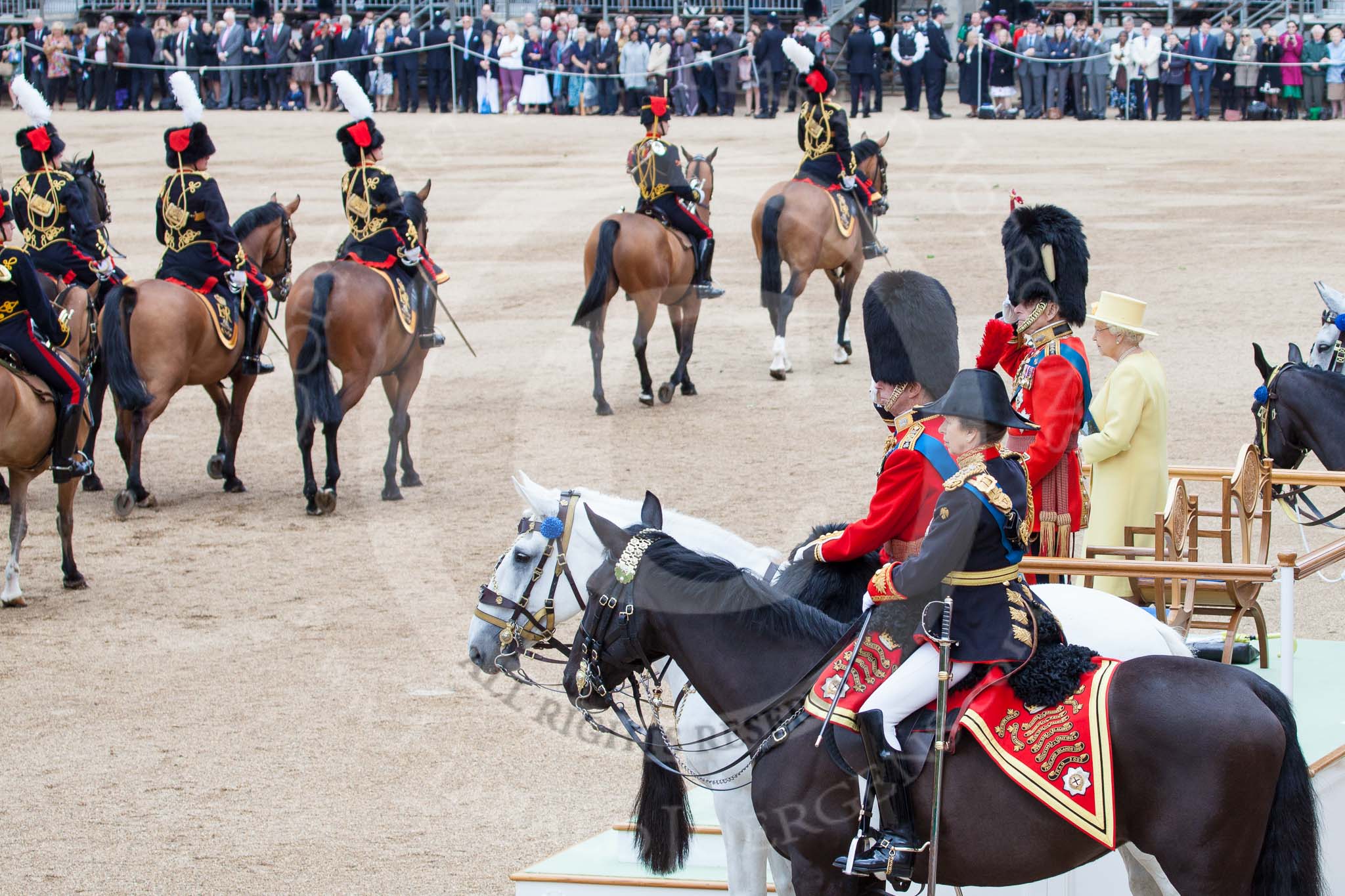 Trooping the Colour 2012: The Royal Colonels and HRH The Prince Philip saltuting during the Ride Past of the Royal Horse Artillery..
Horse Guards Parade, Westminster,
London SW1,

United Kingdom,
on 16 June 2012 at 11:55, image #550