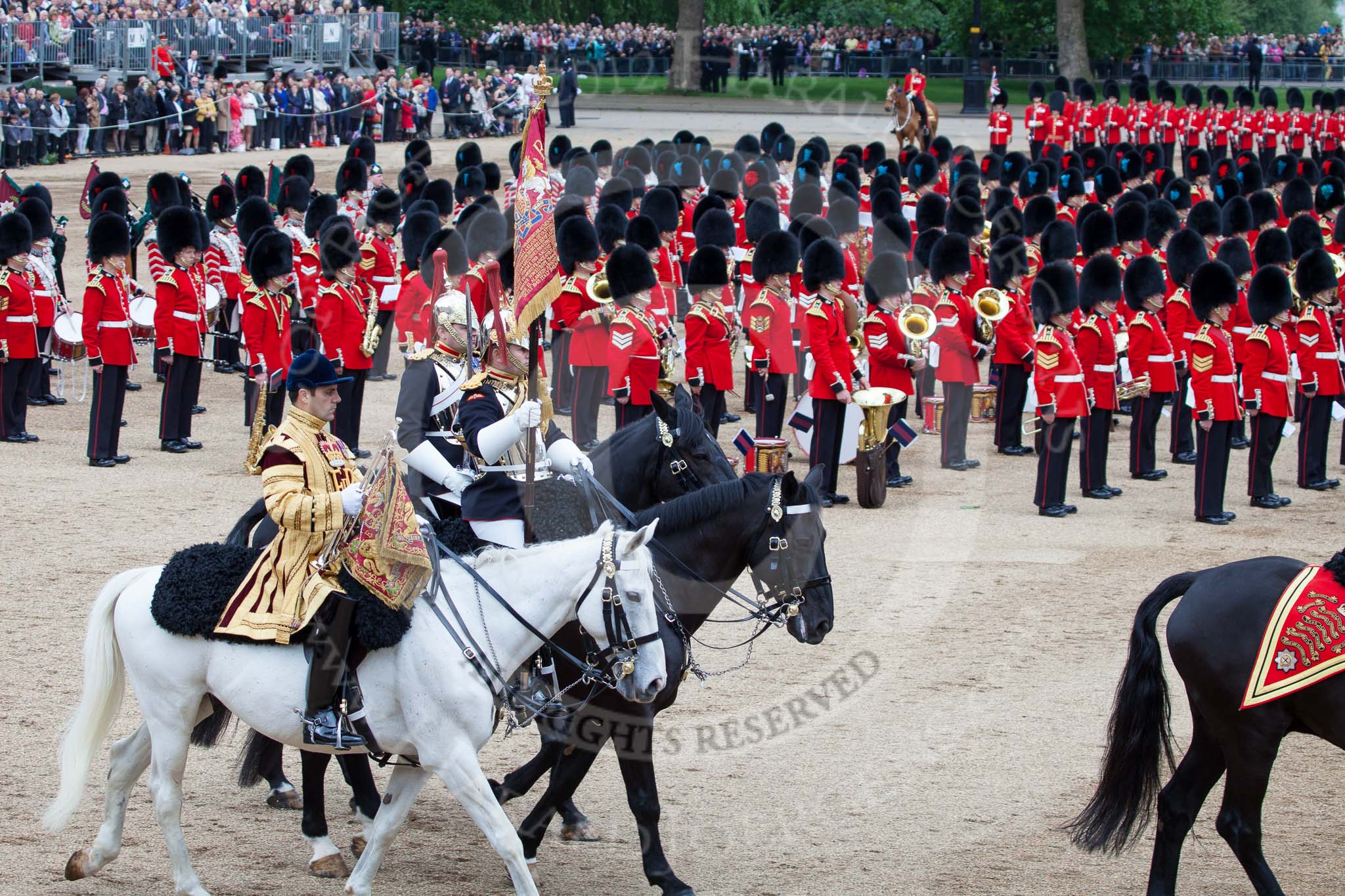 Trooping the Colour 2012: Trumpeter, Standard Bearer, and Standard Coverer during the Ride Past..
Horse Guards Parade, Westminster,
London SW1,

United Kingdom,
on 16 June 2012 at 11:55, image #556