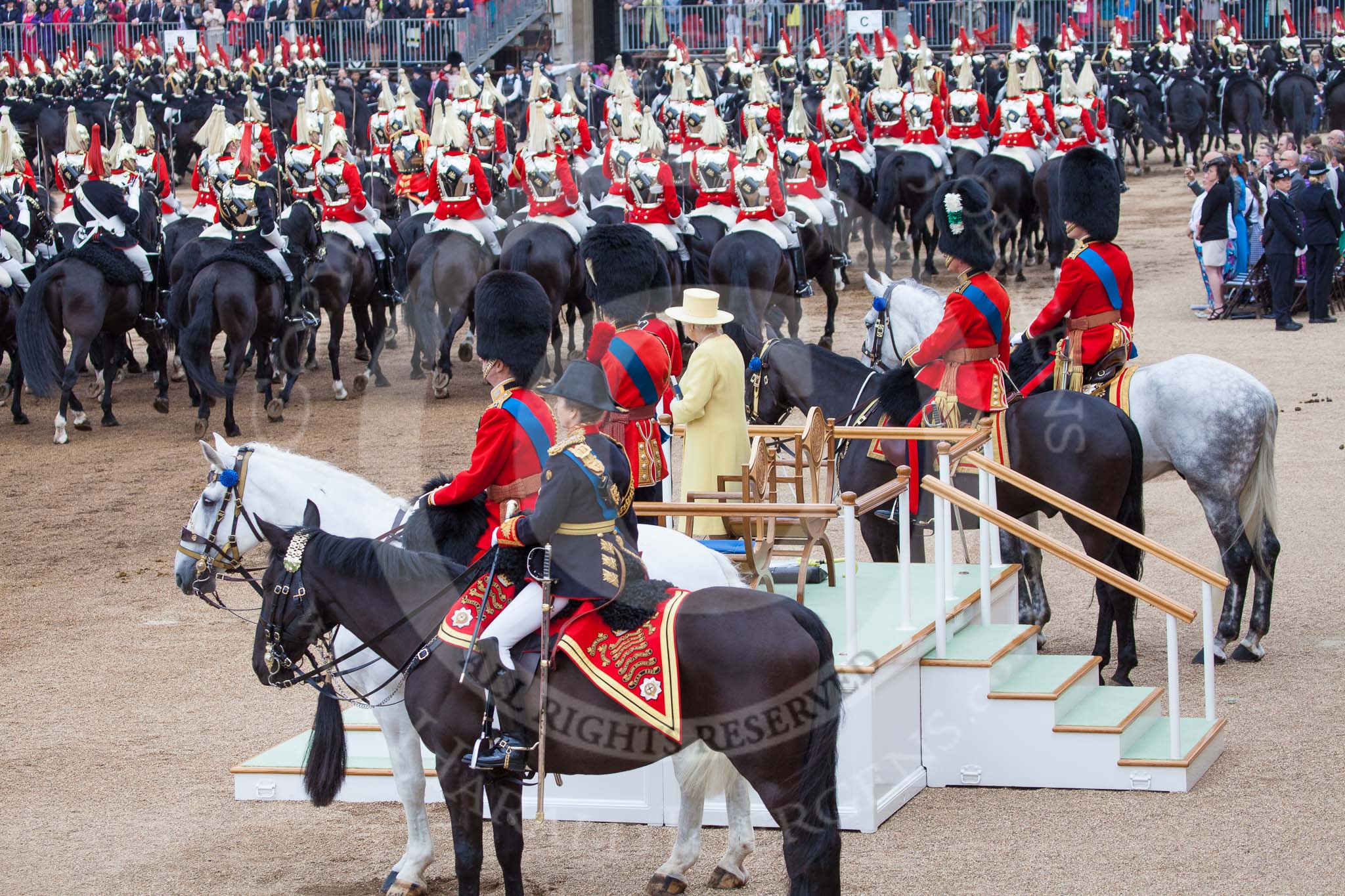 Trooping the Colour 2012: Watching the Ride Past - HRH The Princess Royal, HRH The Duke of Kent, HRH Prince Philip, HM The Queen, HRH The Prince of Wales, and HRH The Duke of Cambridge..
Horse Guards Parade, Westminster,
London SW1,

United Kingdom,
on 16 June 2012 at 12:00, image #598