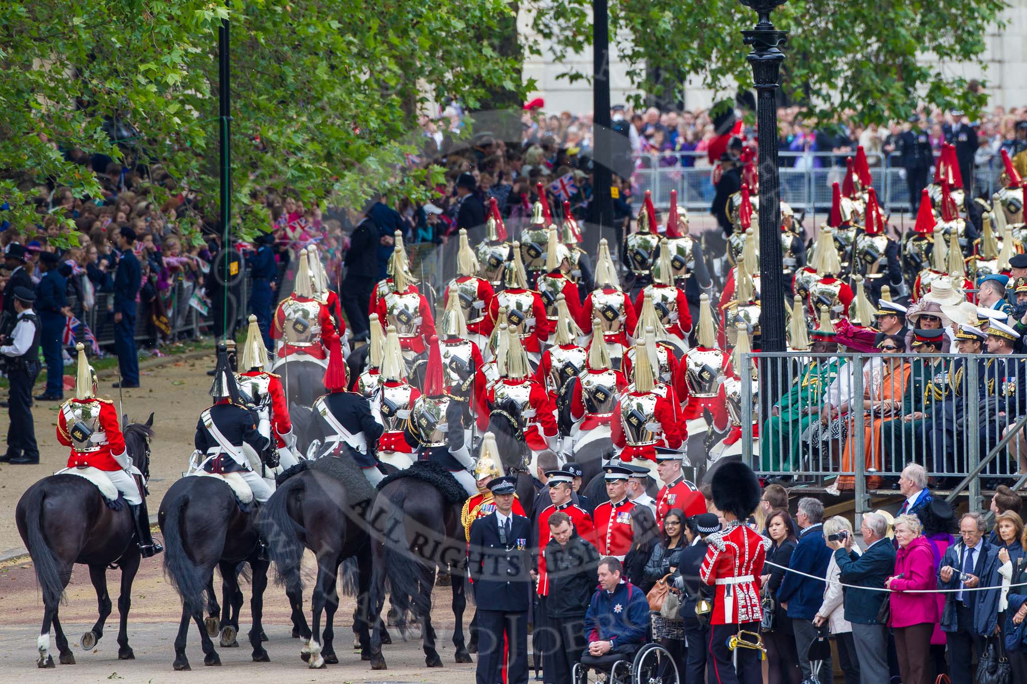 Trooping the Colour 2012: The March Off - The Live Guards are leaving via the access road to The Mall, in front of them, with the red plumes, The Blues and Royals..
Horse Guards Parade, Westminster,
London SW1,

United Kingdom,
on 16 June 2012 at 12:08, image #643