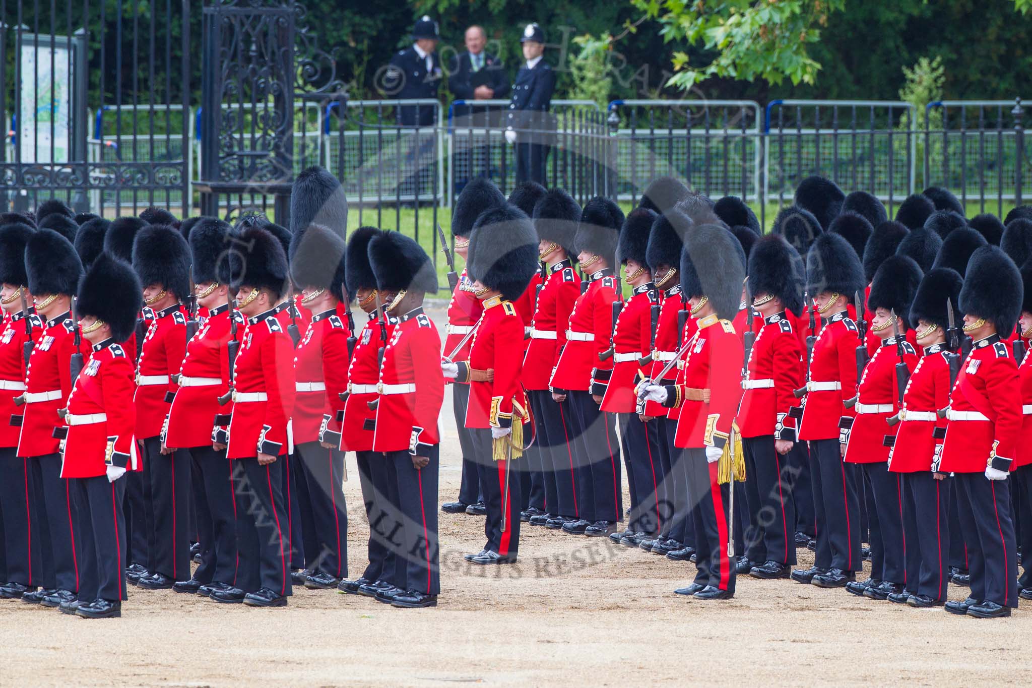 Trooping the Colour 2012: No. 5 Guard, 1st Battalion Irish Guards, and No. 6 Guard, F Company Scots Guards, ready to march off..
Horse Guards Parade, Westminster,
London SW1,

United Kingdom,
on 16 June 2012 at 12:09, image #647