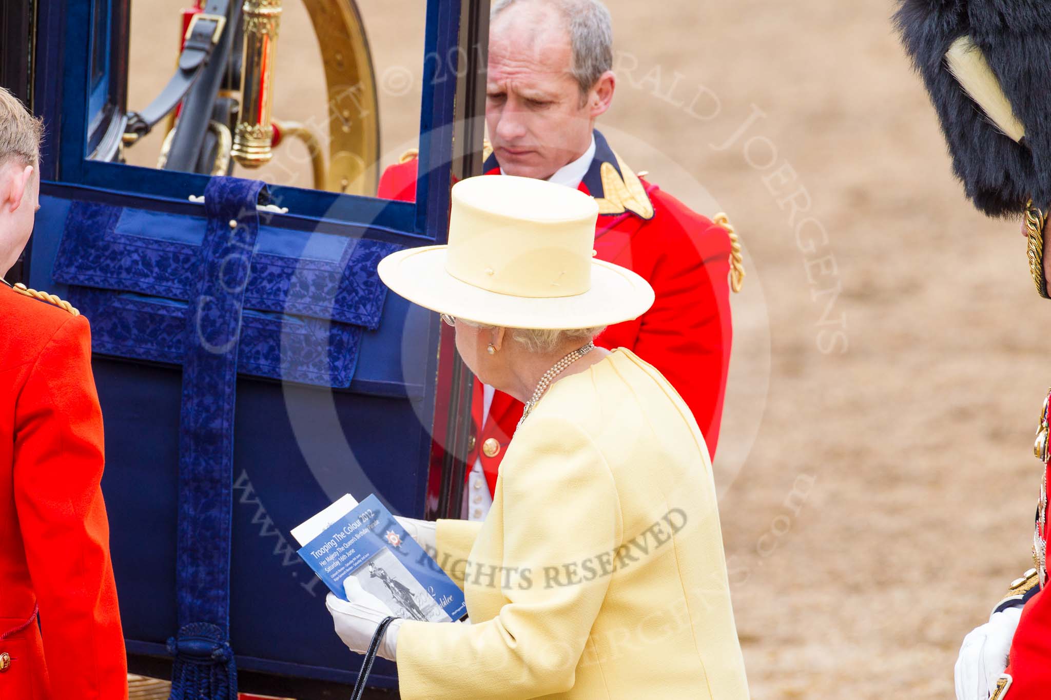 Trooping the Colour 2012: HM The Queen is about the enter the Glass Coach at the end of the parade. Behind her HRH The Duke of Edinburgh..
Horse Guards Parade, Westminster,
London SW1,

United Kingdom,
on 16 June 2012 at 12:09, image #653