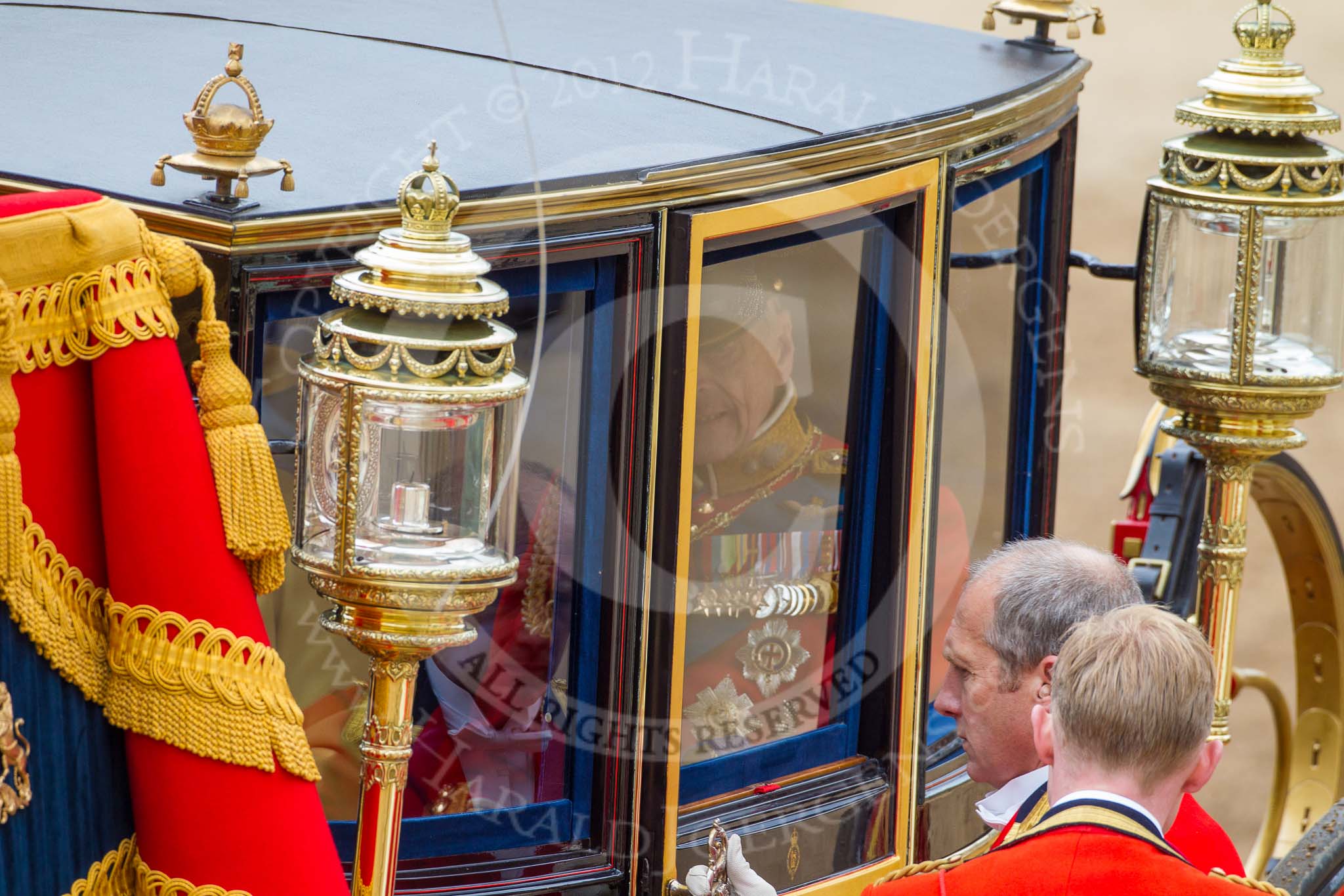 Trooping the Colour 2012: Ready to leave - the Glass Coach after the parade, HRH The Duke of Edinburgh on the right..
Horse Guards Parade, Westminster,
London SW1,

United Kingdom,
on 16 June 2012 at 12:10, image #657
