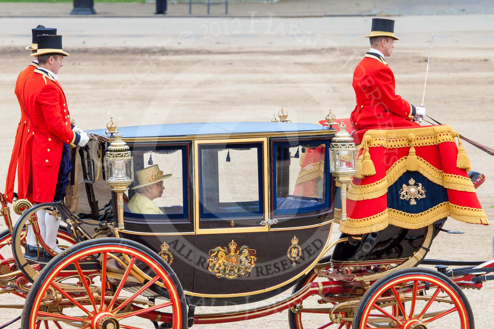 Trooping the Colour 2012: The Glass Coach carrying HM The Queen and HRH The Duke of Edinburgh at the end of the parade..
Horse Guards Parade, Westminster,
London SW1,

United Kingdom,
on 16 June 2012 at 12:11, image #667