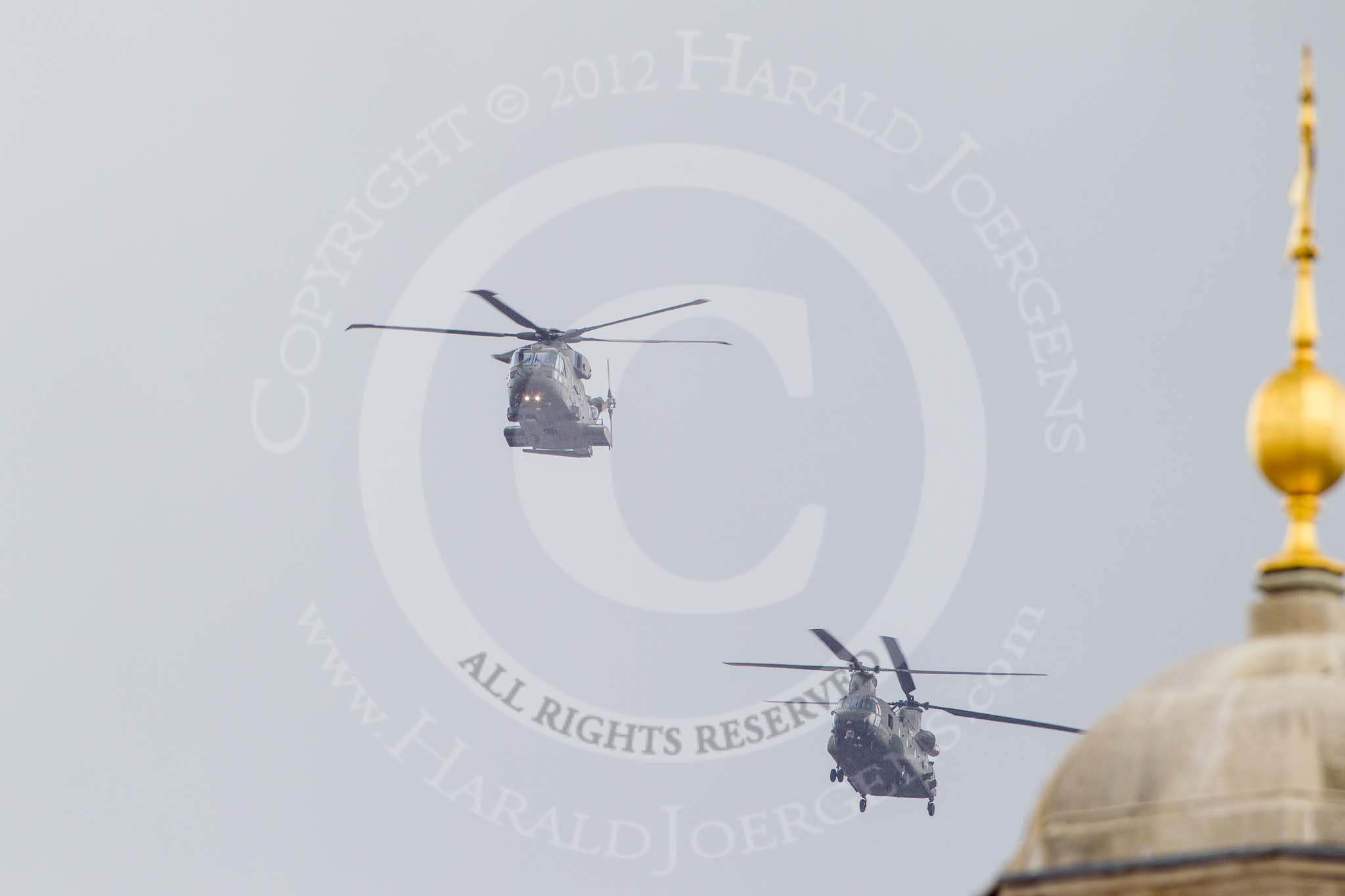 Trooping the Colour 2012: The flypast:  A Merlin- and Chinook helicopter about to fly over Horse Guards Building..
Horse Guards Parade, Westminster,
London SW1,

United Kingdom,
on 16 June 2012 at 12:59, image #716