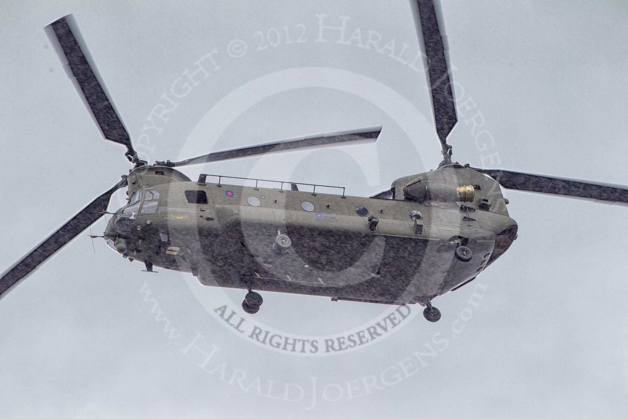 Trooping the Colour 2012: The Flypast: Chinook HD.2 helicopter ZH777 during a heavy rain shower..
Horse Guards Parade, Westminster,
London SW1,

United Kingdom,
on 16 June 2012 at 12:59, image #719