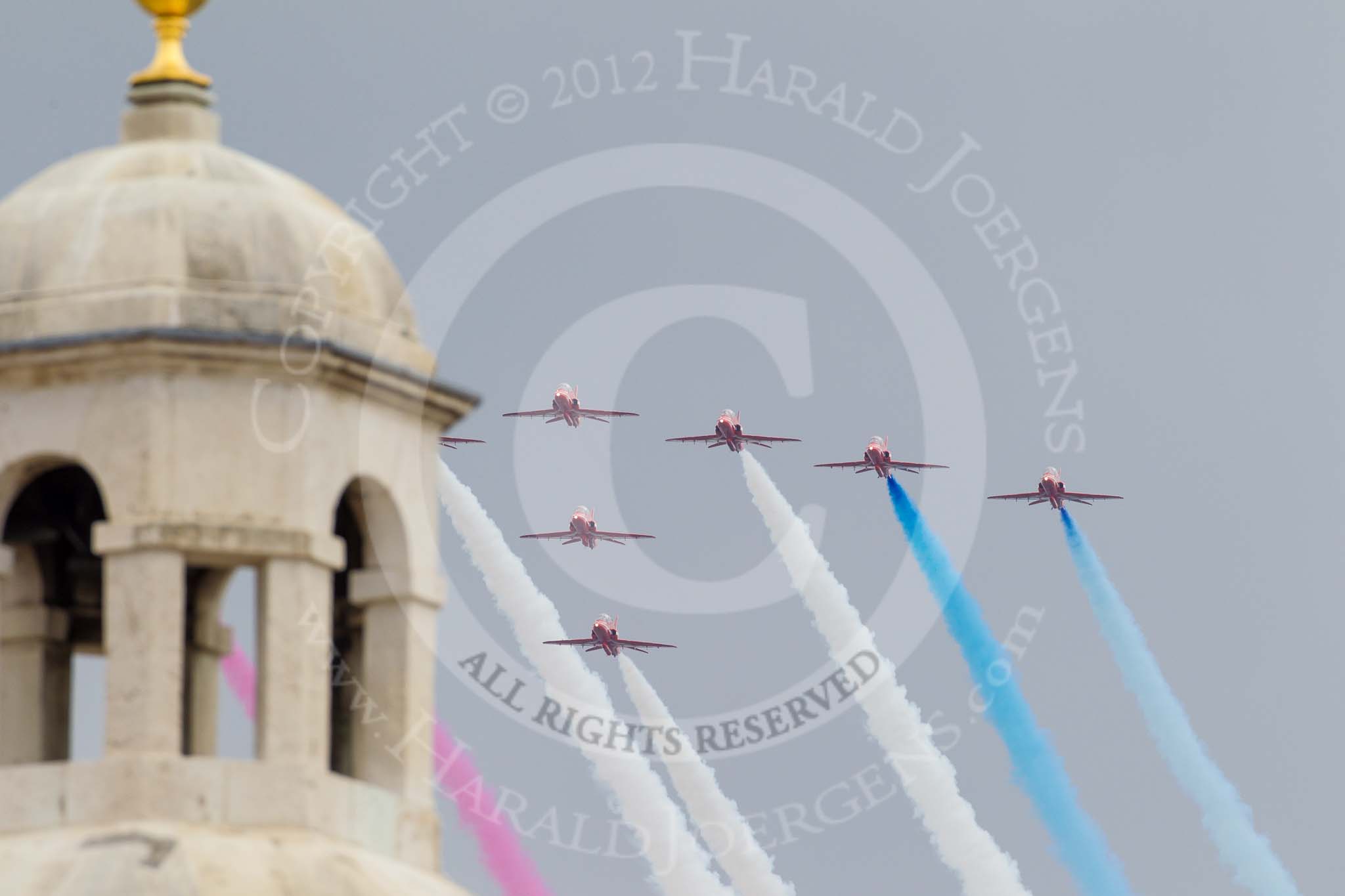 Trooping the Colour 2012: The Flypast: The Red Arrows about to fly over Horse Guards Building..
Horse Guards Parade, Westminster,
London SW1,

United Kingdom,
on 16 June 2012 at 13:02, image #733