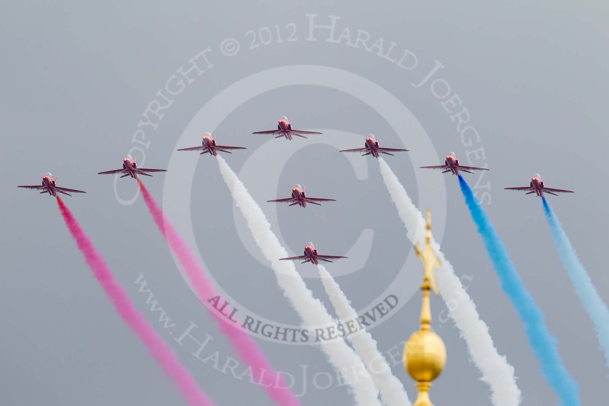 Trooping the Colour 2012: The Flypast: The Red Arrows about to fly over Horse Guards Building..
Horse Guards Parade, Westminster,
London SW1,

United Kingdom,
on 16 June 2012 at 13:02, image #736