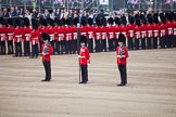 Trooping the Colour 2012: The Colour Party in position at the Eastern side of Horse Guards Parade. Colour Sereant Paul Baines MC with the two sentries, guardsmen Gareth Effrington and Kyle Dunbarth..
Horse Guards Parade, Westminster,
London SW1,

United Kingdom,
on 16 June 2012 at 10:32, image #74