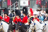 Trooping the Colour 2012: During the Inspection of the Line: Lieutenant Colonel J B O’Gorman, Irish Guards, Lieutenant Colonel H S J Scott, The Life Guards, Lieutenant Colonel A W Foster, Scots Guards, Major G V A Baker, Grenadier Guards, Silver-Stick-in-Waiting, Colonel S H Cowen, The Blues and Royals, and the Chief of Staff, Colonel R H W St G Bodington, Welsh Guards..
Horse Guards Parade, Westminster,
London SW1,

United Kingdom,
on 16 June 2012 at 11:02, image #199