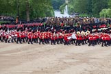 Trooping the Colour 2012: With the Massed Bands playing, the March Past begins. No. 1 Guard, the Escort to the Colour, can be seen on the very left of the image, turning towards the viewer, and marching behind the Massed Bands..
Horse Guards Parade, Westminster,
London SW1,

United Kingdom,
on 16 June 2012 at 11:32, image #377