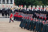 Trooping the Colour 2012: Elements of the parade - the Household Cavalry in front of the Guards Memorial, with the trumpeter, standard bearer, and standard coverer in the middle, in front of them No. 6 Guard, F Company Scots Guards, during the March Past, and in the foreground the Massed Bands..
Horse Guards Parade, Westminster,
London SW1,

United Kingdom,
on 16 June 2012 at 11:33, image #387