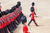 Trooping the Colour 2012: The last guards division to march past Her Majesty in slow time, No. 6 Guard, F Company Scots Guards. Major A R Guthrie (at the bottom of the photo), Second Lieutenant C Craven (middle), and Captain A W D Perkins (top)..
Horse Guards Parade, Westminster,
London SW1,

United Kingdom,
on 16 June 2012 at 11:38, image #442