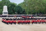 Trooping the Colour 2012: The March Past: No. 1 Guard (Escort to the Colour), 1st Battalion Coldstream Guards, marching between the Household Cavalry on the St.  James's Park side of Horse Guards Parade, and the Massed Bands in the cenre. Riding in front is the Major of the Parade..
Horse Guards Parade, Westminster,
London SW1,

United Kingdom,
on 16 June 2012 at 11:42, image #467