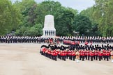 Trooping the Colour 2012: The March Past: No. 1 Guard (Escort to the Colour), 1st Battalion Coldstream Guards, marching between the Household Cavalry on the St.  James's Park side of Horse Guards Parade, and the Massed Bands in the cenre. Riding in front is the Major of the Parade and the Field Officer..
Horse Guards Parade, Westminster,
London SW1,

United Kingdom,
on 16 June 2012 at 11:42, image #468