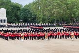 Trooping the Colour 2012: The March Past: No. 2 Guard, 1st Battalion Coldstream Guards,and No. 3 Guard, No. 7 Company, Coldstream Guard, marching between the Household Cavalry on the St.  James's Park side of Horse Guards Parade, and the Massed Bands in the centre..
Horse Guards Parade, Westminster,
London SW1,

United Kingdom,
on 16 June 2012 at 11:42, image #470