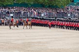 Trooping the Colour 2012: The March Past: No. 1 Guard (Escort to the Colour), 1st Battalion Coldstream Guards, marching along the western side of Horse Guards Parade for the second time. Leading are the Field Officer and the Major of the Parade..
Horse Guards Parade, Westminster,
London SW1,

United Kingdom,
on 16 June 2012 at 11:44, image #474