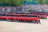 Trooping the Colour 2012: The March Past: No. 1 Guard (Escort to the Colour), 1st Battalion Coldstream Guards, marching along the western side of Horse Guards Parade for the second time, turning to the left again..
Horse Guards Parade, Westminster,
London SW1,

United Kingdom,
on 16 June 2012 at 11:44, image #477