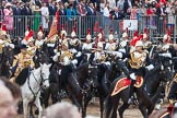 Trooping the Colour 2012: The Blues and Royals with the Trumpeter, Standard Bearer, and Standard Coverer during the Ride Past..
Horse Guards Parade, Westminster,
London SW1,

United Kingdom,
on 16 June 2012 at 11:59, image #586