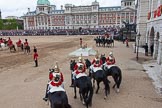 Trooping the Colour 2012: The March Off - members of the Royal Procession on the left of the image, in front the four troopers from The Life Guards, at the right of the saluting base the four troopers from The Blues and Royals..
Horse Guards Parade, Westminster,
London SW1,

United Kingdom,
on 16 June 2012 at 12:13, image #682