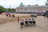 Trooping the Colour 2012: The March Off - members of the Royal Procession on the left of the image, in front the four troopers from The Life Guards, at the right of the saluting base the four troopers from The Blues and Royals..
Horse Guards Parade, Westminster,
London SW1,

United Kingdom,
on 16 June 2012 at 12:13, image #683