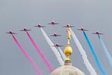 Trooping the Colour 2012: The Flypast: The Red Arrows about to fly over Horse Guards Building..
Horse Guards Parade, Westminster,
London SW1,

United Kingdom,
on 16 June 2012 at 13:02, image #735