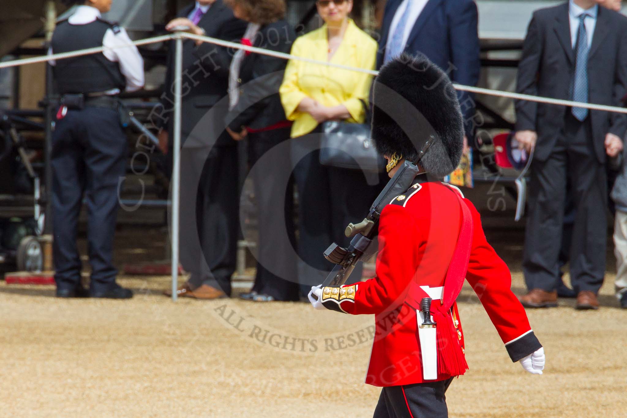 The Colonel's Review 2013: The Keeper of the Ground is marching back onto Horse Guards Parade, to mark the position of their regiments that will arrive shortly..
Horse Guards Parade, Westminster,
London SW1,

United Kingdom,
on 08 June 2013 at 10:17, image #68