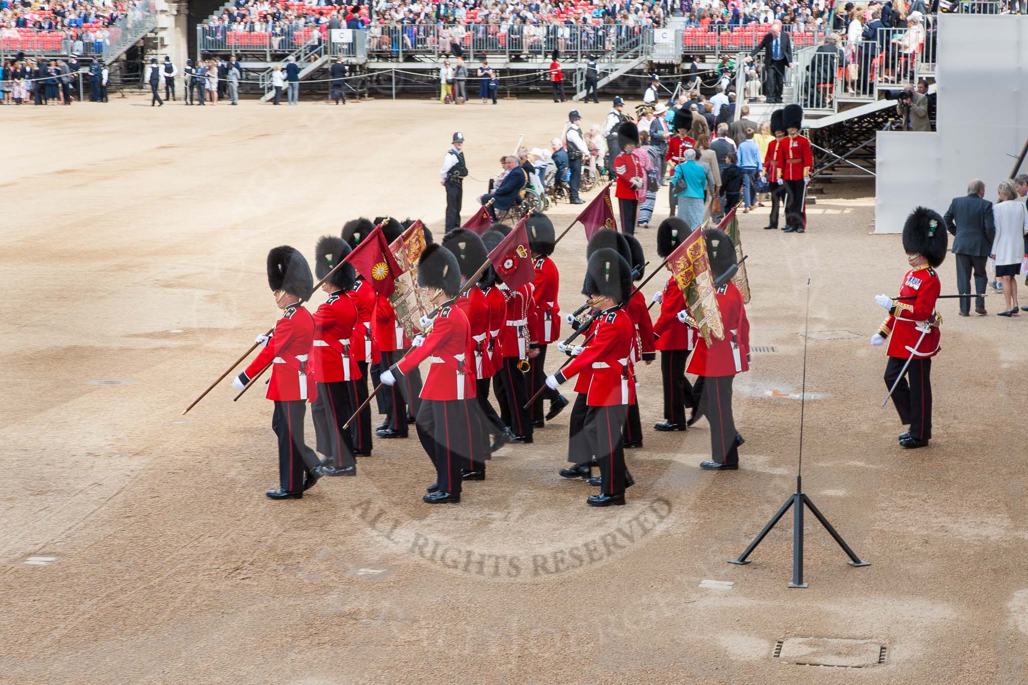 The Colonel's Review 2013: The Keepers of the Ground are marching back onto Horse Guards Parade, to mark the position of their regiments that will arrive shortly..
Horse Guards Parade, Westminster,
London SW1,

United Kingdom,
on 08 June 2013 at 10:17, image #63