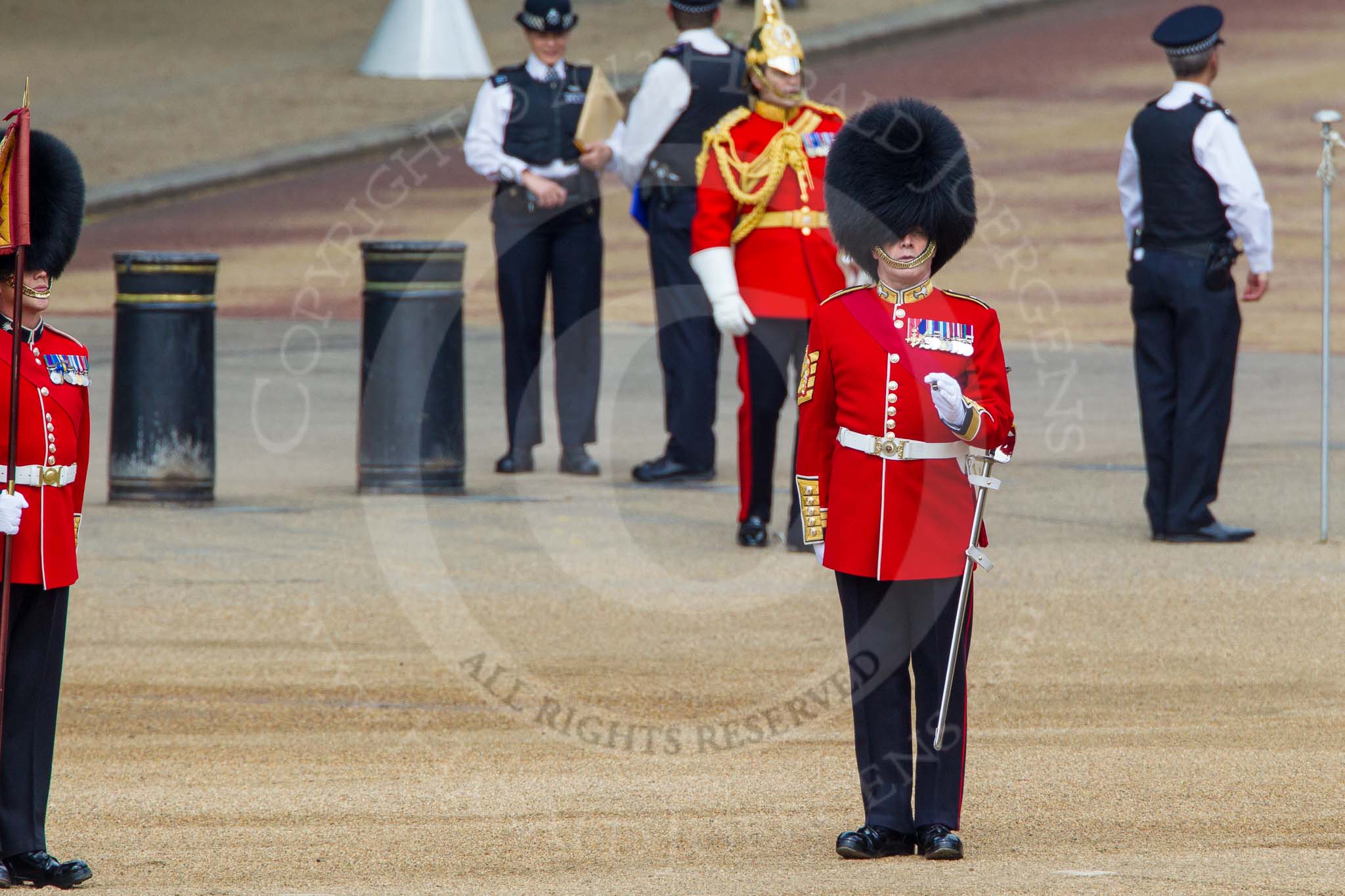 The Colonel's Review 2013: The Keepers of the Ground are in position, and WO1 Garrison Sergeant Major William 'Bill' Mott OBE MVO, Welsh Guards is making sure everything is in perfect order..
Horse Guards Parade, Westminster,
London SW1,

United Kingdom,
on 08 June 2013 at 10:18, image #74