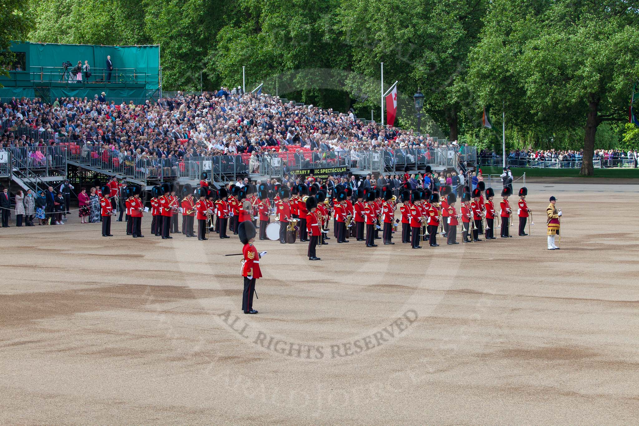 The Colonel's Review 2013: WO1 Garrison Sergeant Major William 'Bill' Mott OBE MVO, Welsh Guards, standing next to the Bands of the Irish and Coldstream Guards..
Horse Guards Parade, Westminster,
London SW1,

United Kingdom,
on 08 June 2013 at 10:23, image #79