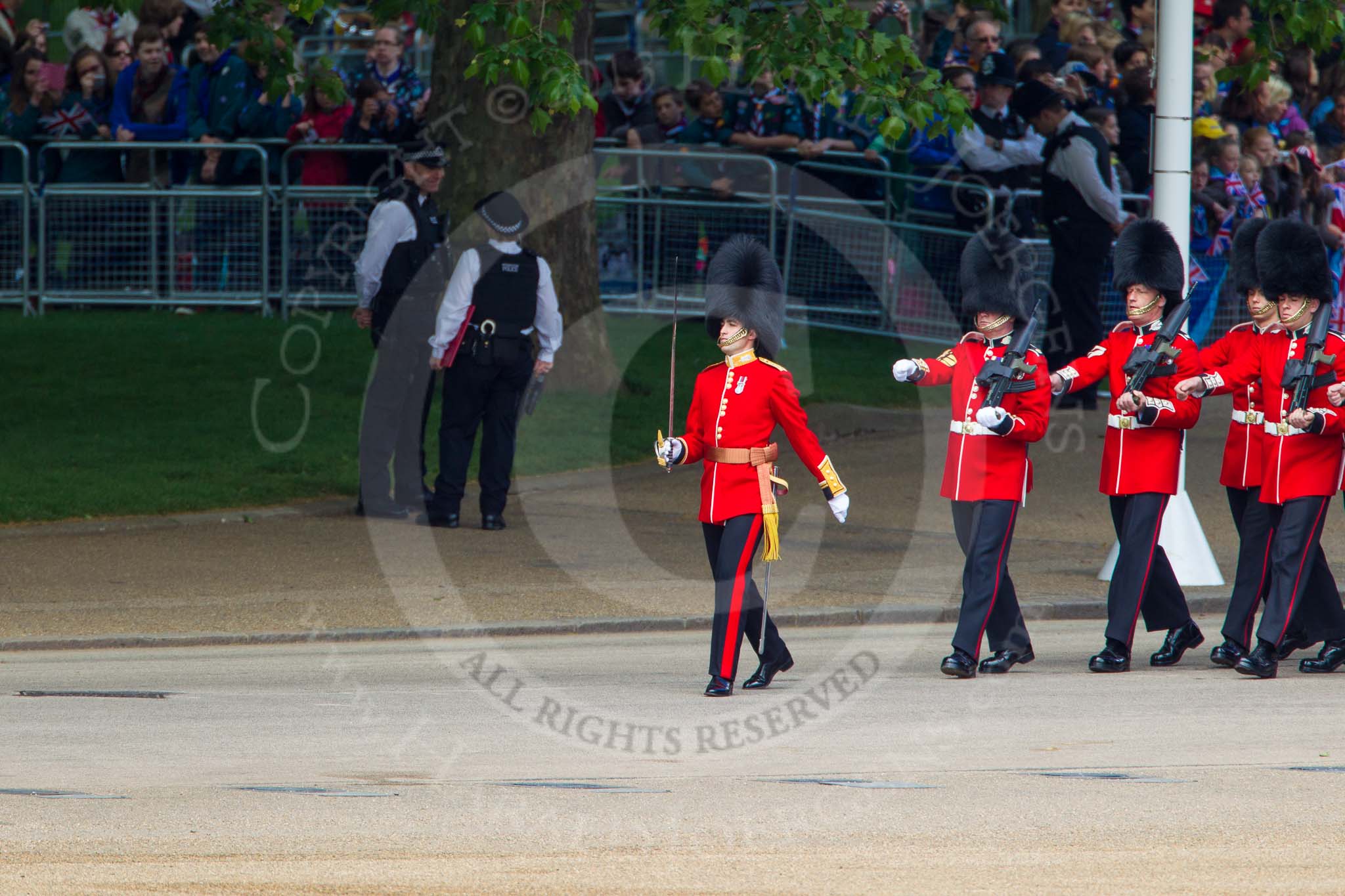 The Colonel's Review 2013: No. 5 Guard, F Company Scots Guards, leading by Captain P W Foster, is marching to their position on Horse Guards Parade..
Horse Guards Parade, Westminster,
London SW1,

United Kingdom,
on 08 June 2013 at 10:24, image #85
