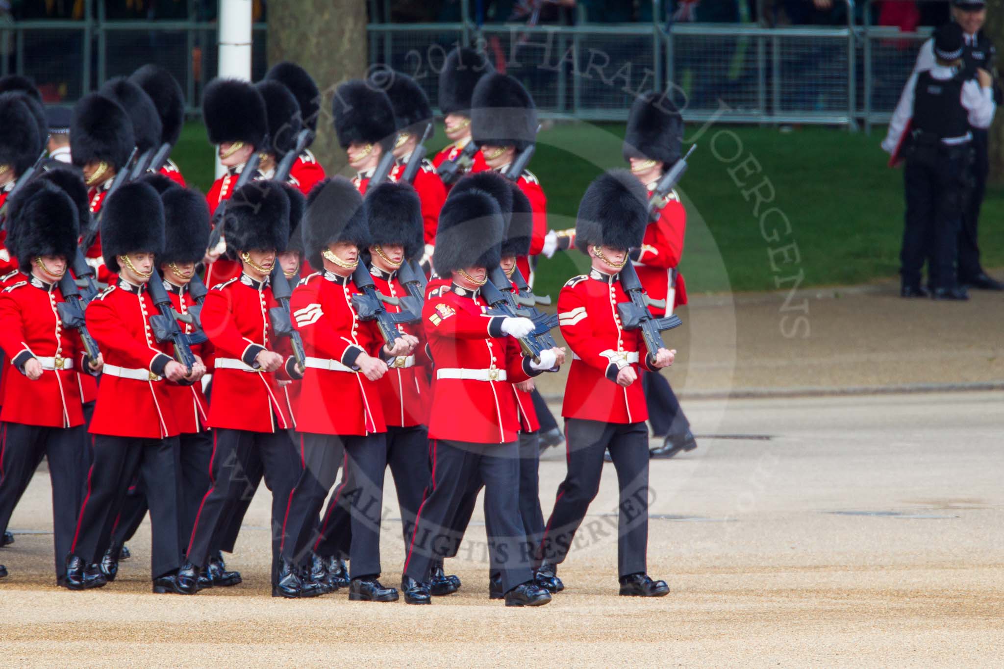 The Colonel's Review 2013: No. 5 Guard, F Company Scots Guards, marching into position on Horse Guards Parade..
Horse Guards Parade, Westminster,
London SW1,

United Kingdom,
on 08 June 2013 at 10:25, image #89